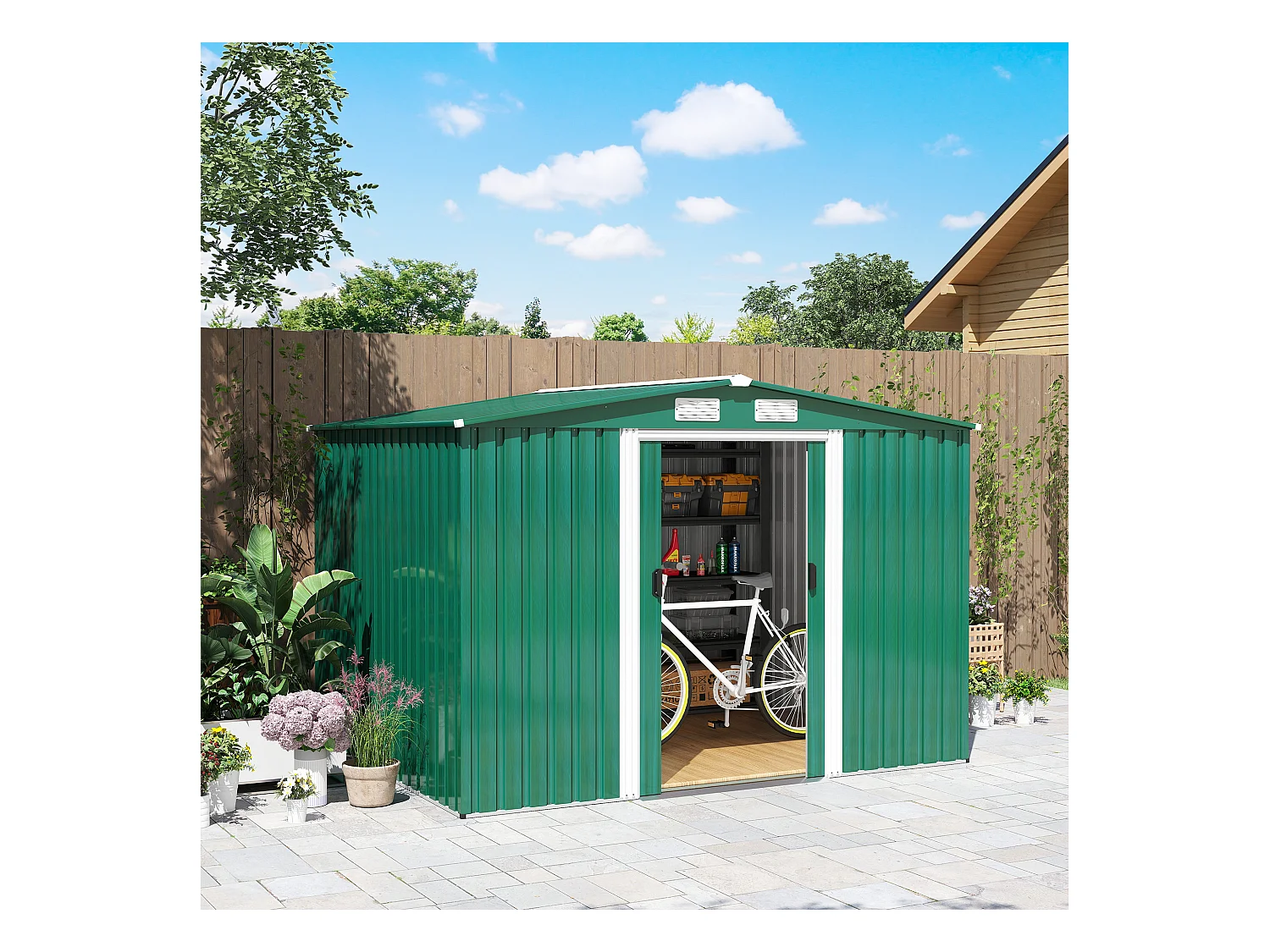Casetta da giardino in lamiera di acciaio 258x206x178 cm verde