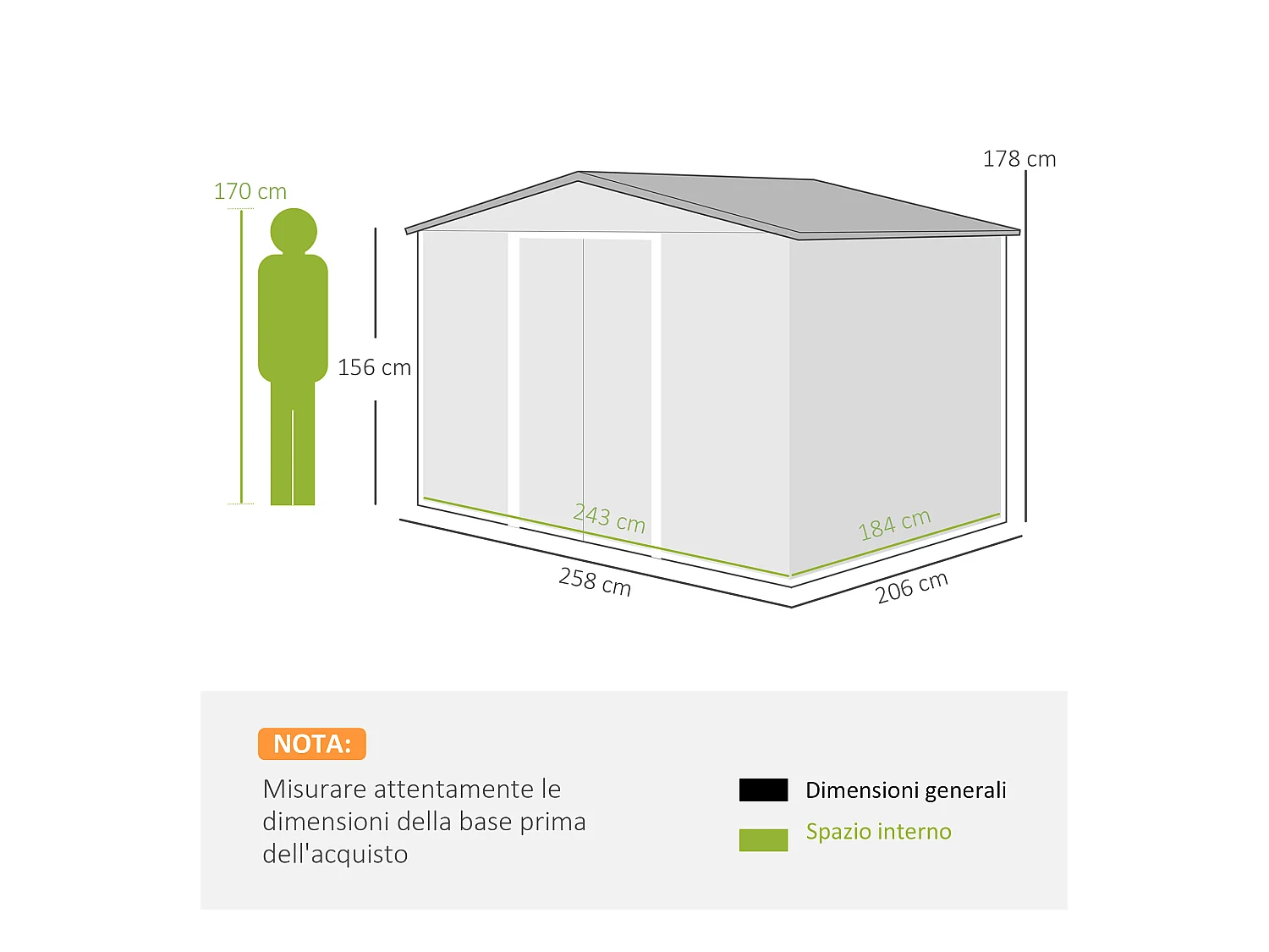 Casetta da giardino in lamiera di acciaio 258x206x178 cm verde