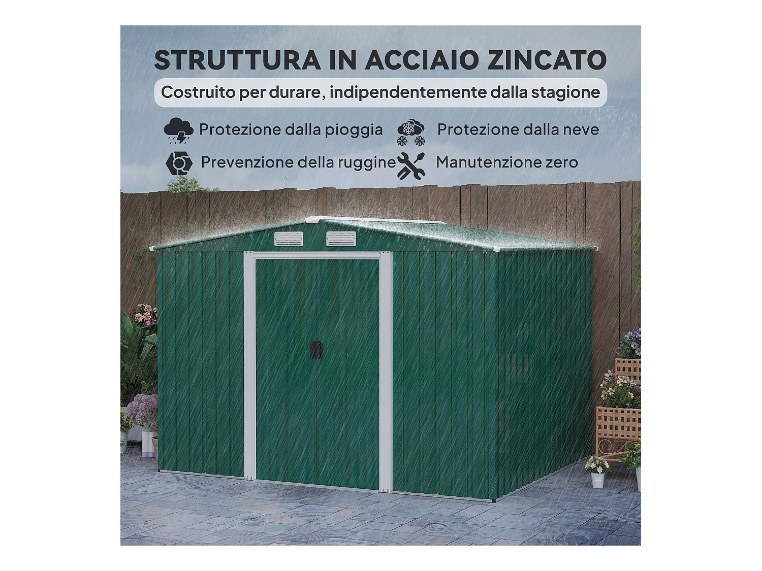 Casetta da giardino in lamiera di acciaio 258x206x178 cm verde