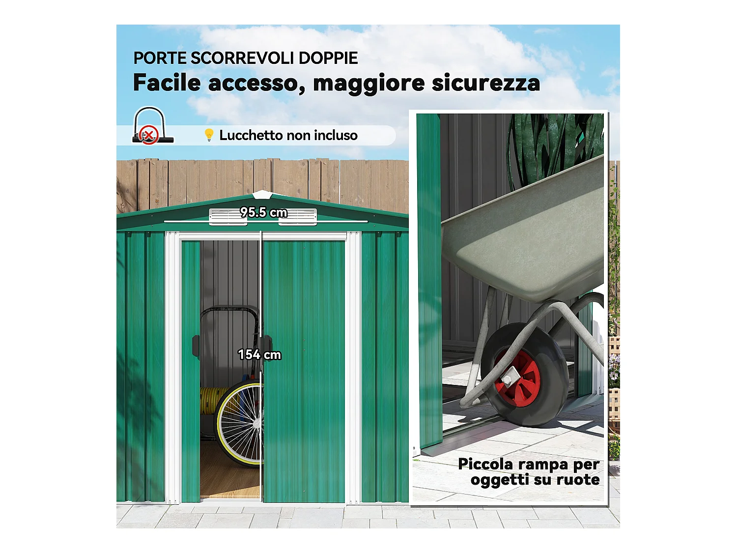 Casetta da giardino in lamiera di acciaio 258x206x178 cm verde