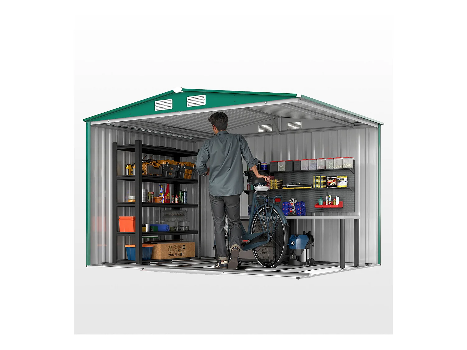 Casetta da giardino in lamiera di acciaio 258x206x178 cm verde