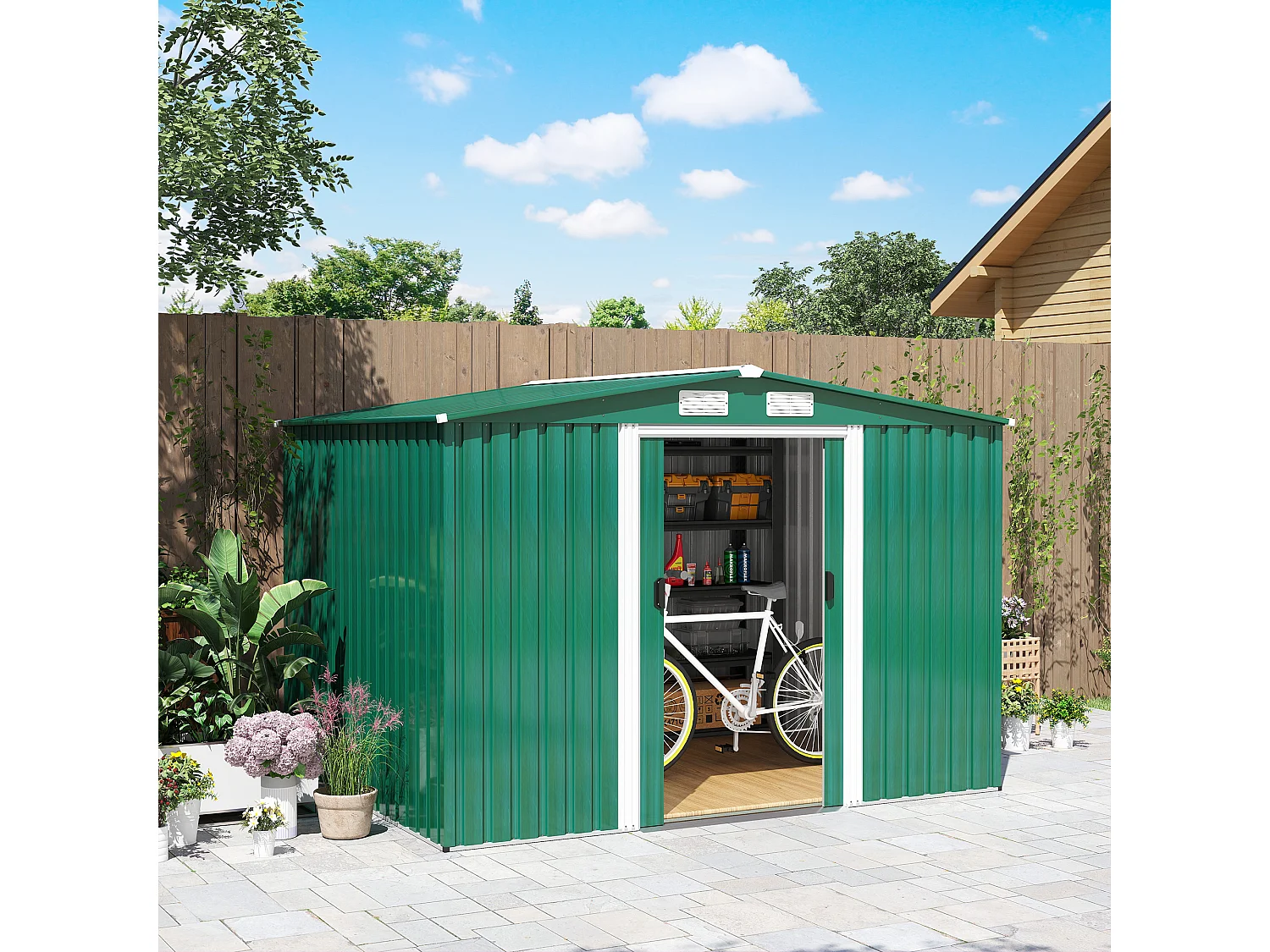 Casetta da giardino in lamiera di acciaio 258x206x178 cm verde