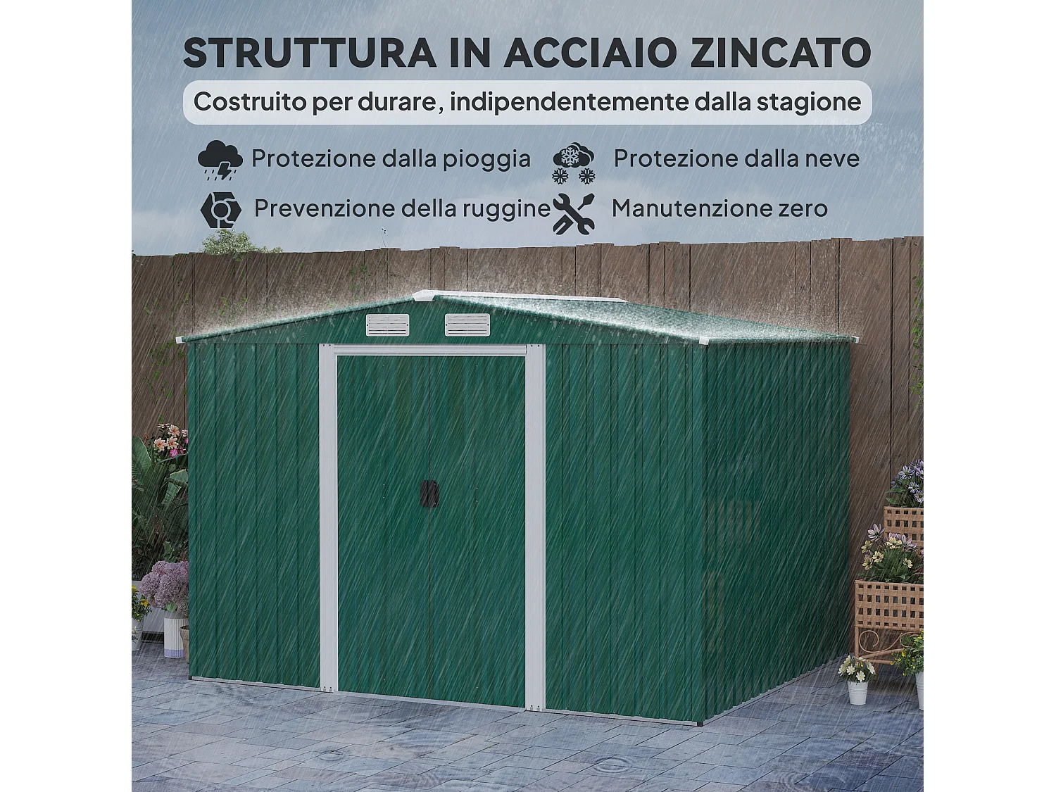 Casetta da giardino in lamiera di acciaio 258x206x178 cm verde