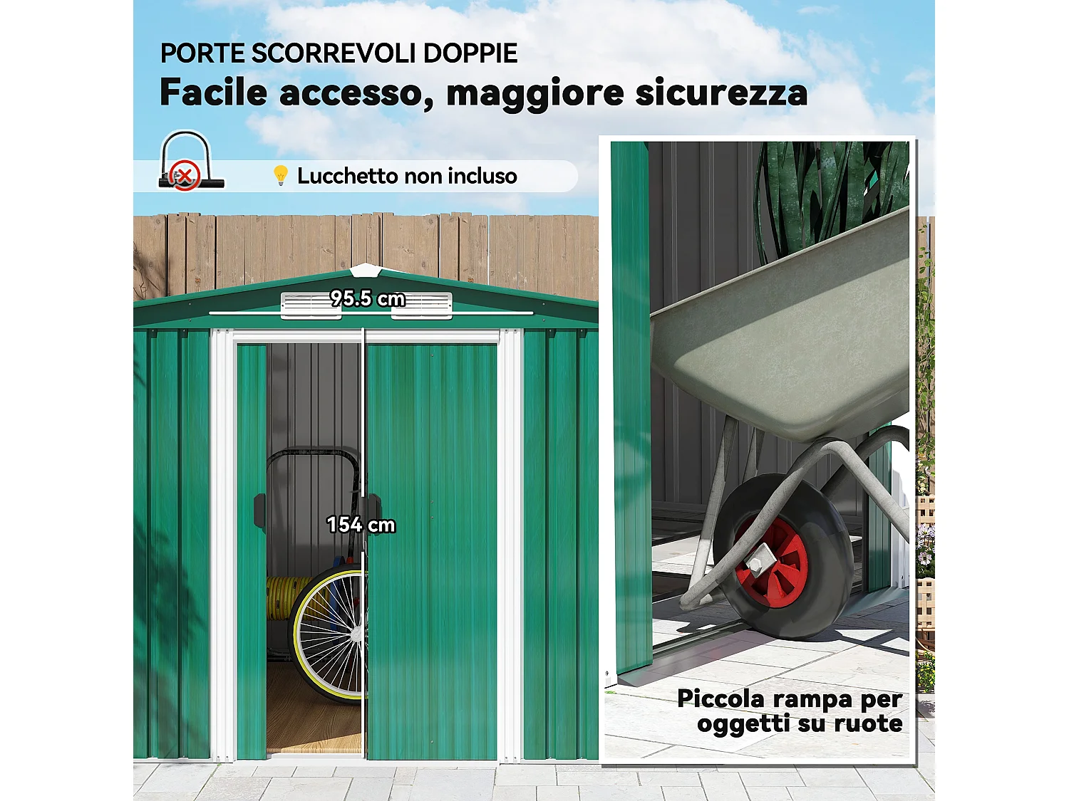 Casetta da giardino in lamiera di acciaio 258x206x178 cm verde