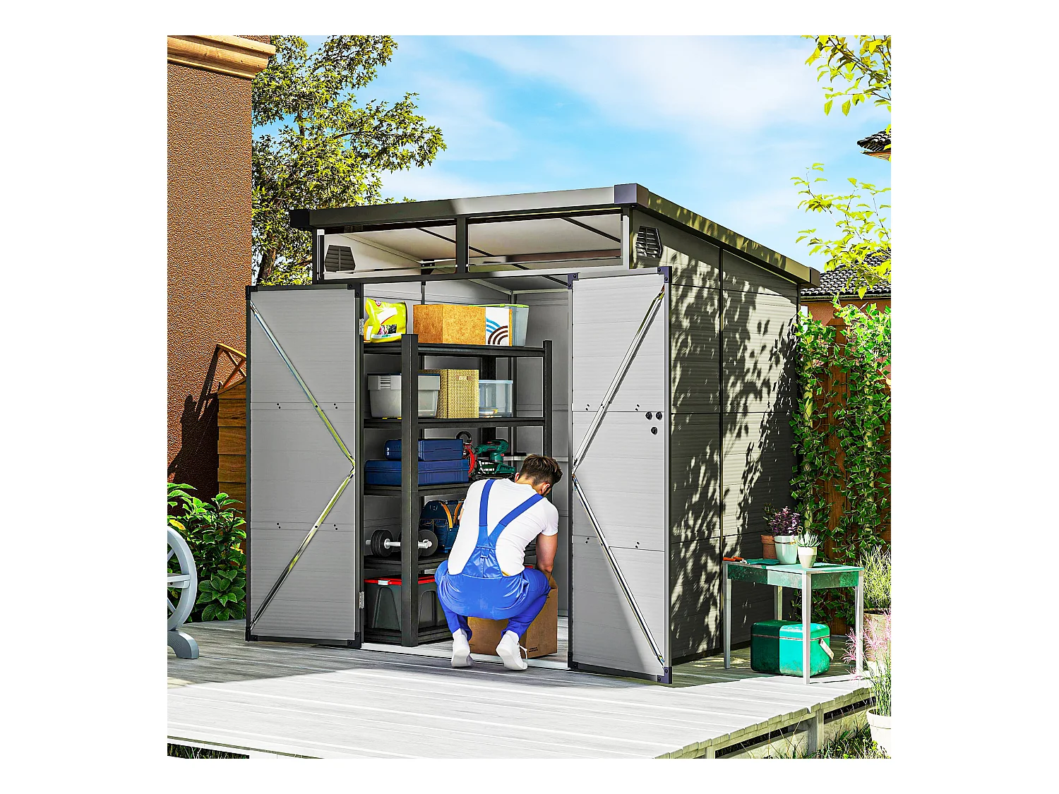 Casetta da giardino in plastica con finestre 1.9x1.9 m grigio