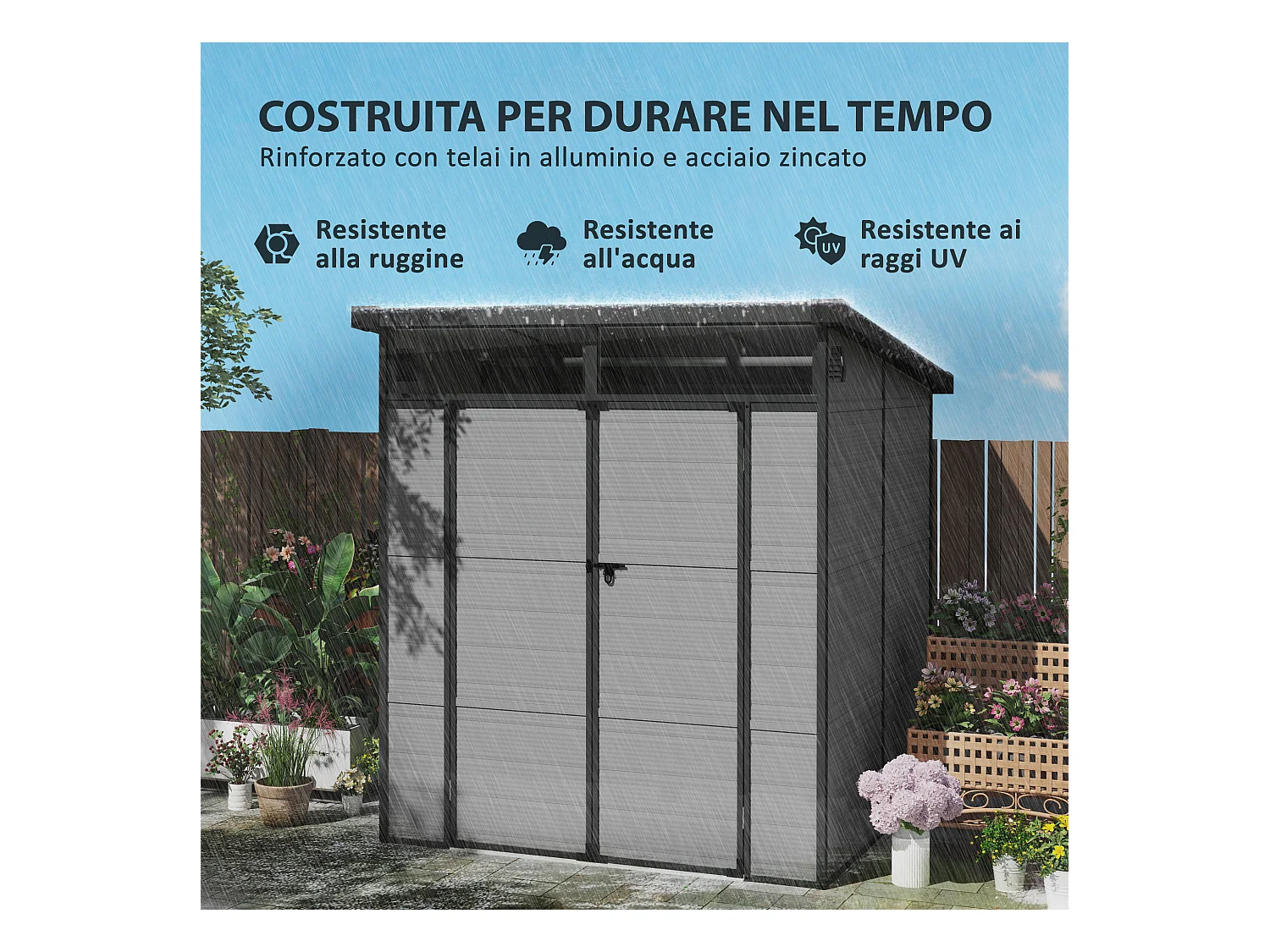 Casetta da giardino in plastica con finestre 1.9x1.9 m grigio