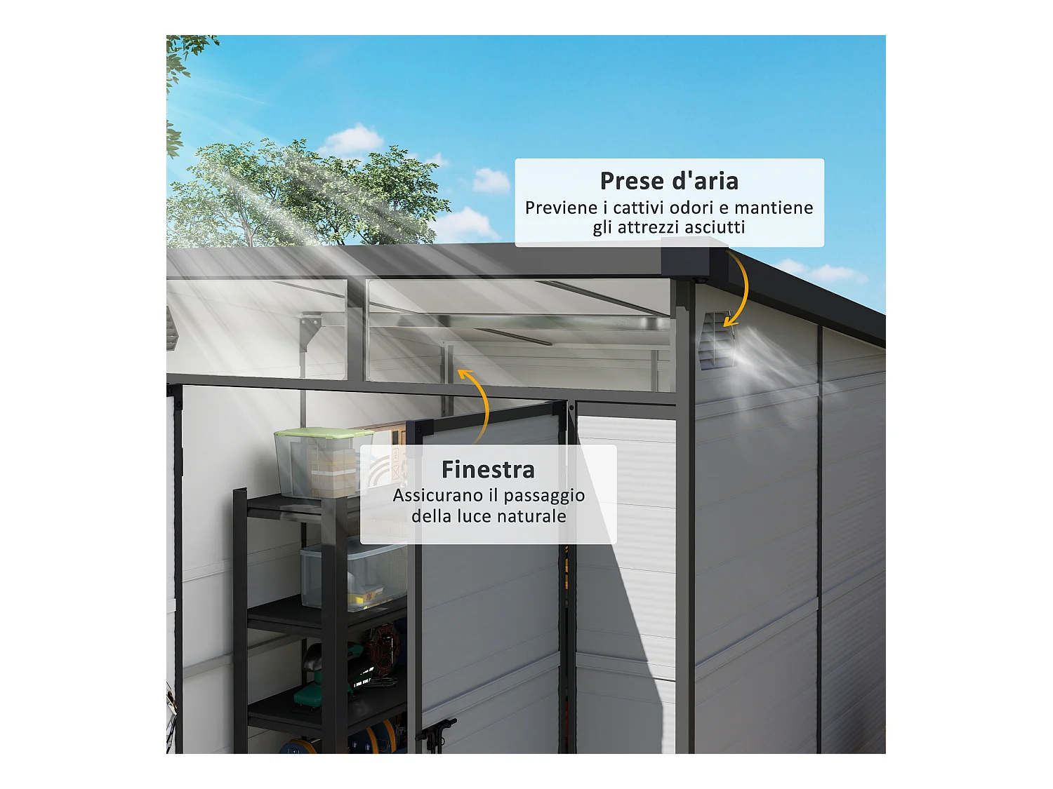 Casetta da giardino in plastica con finestre 1.9x1.9 m grigio