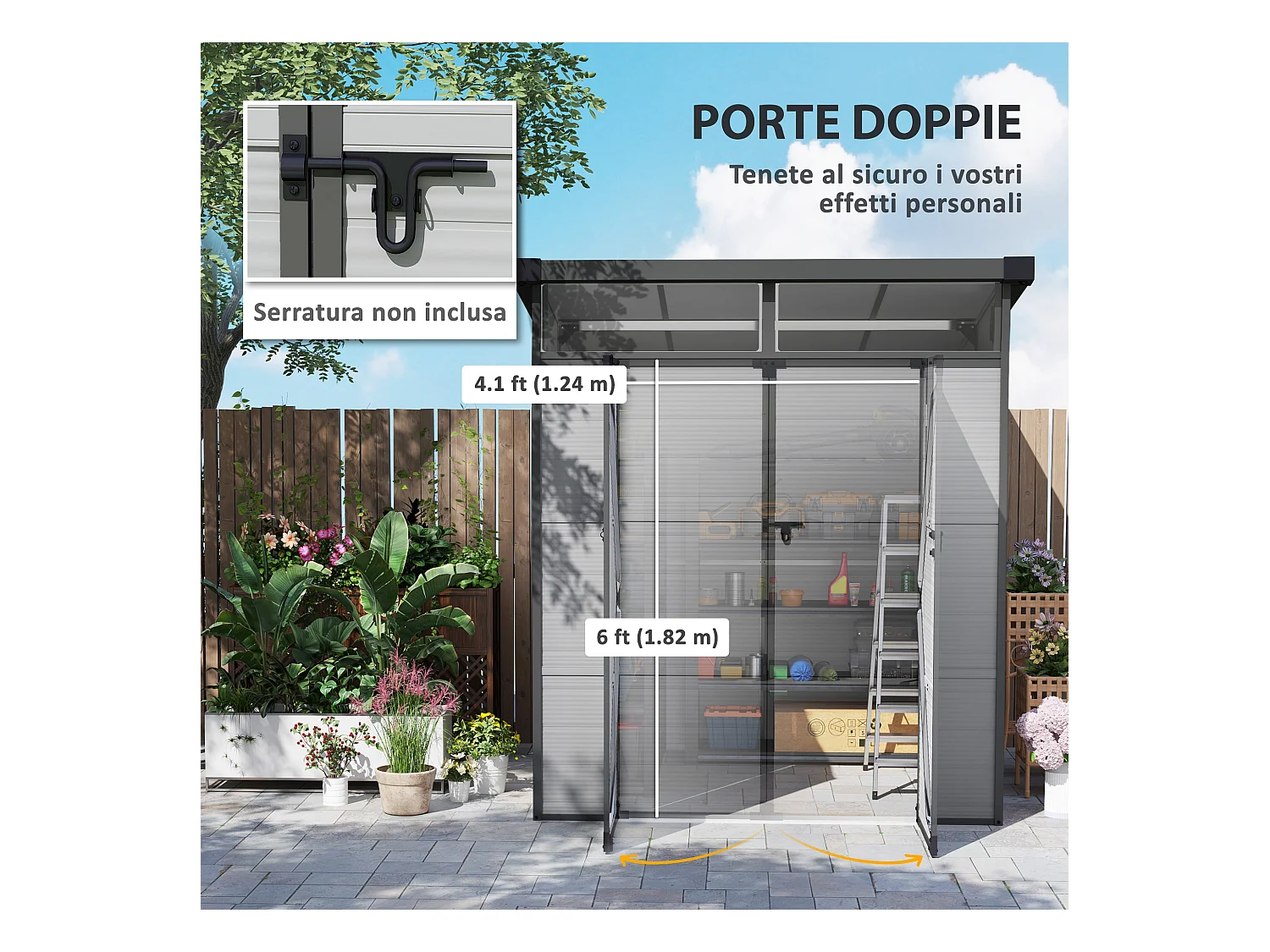 Casetta da giardino in plastica con finestre 1.9x1.9 m grigio