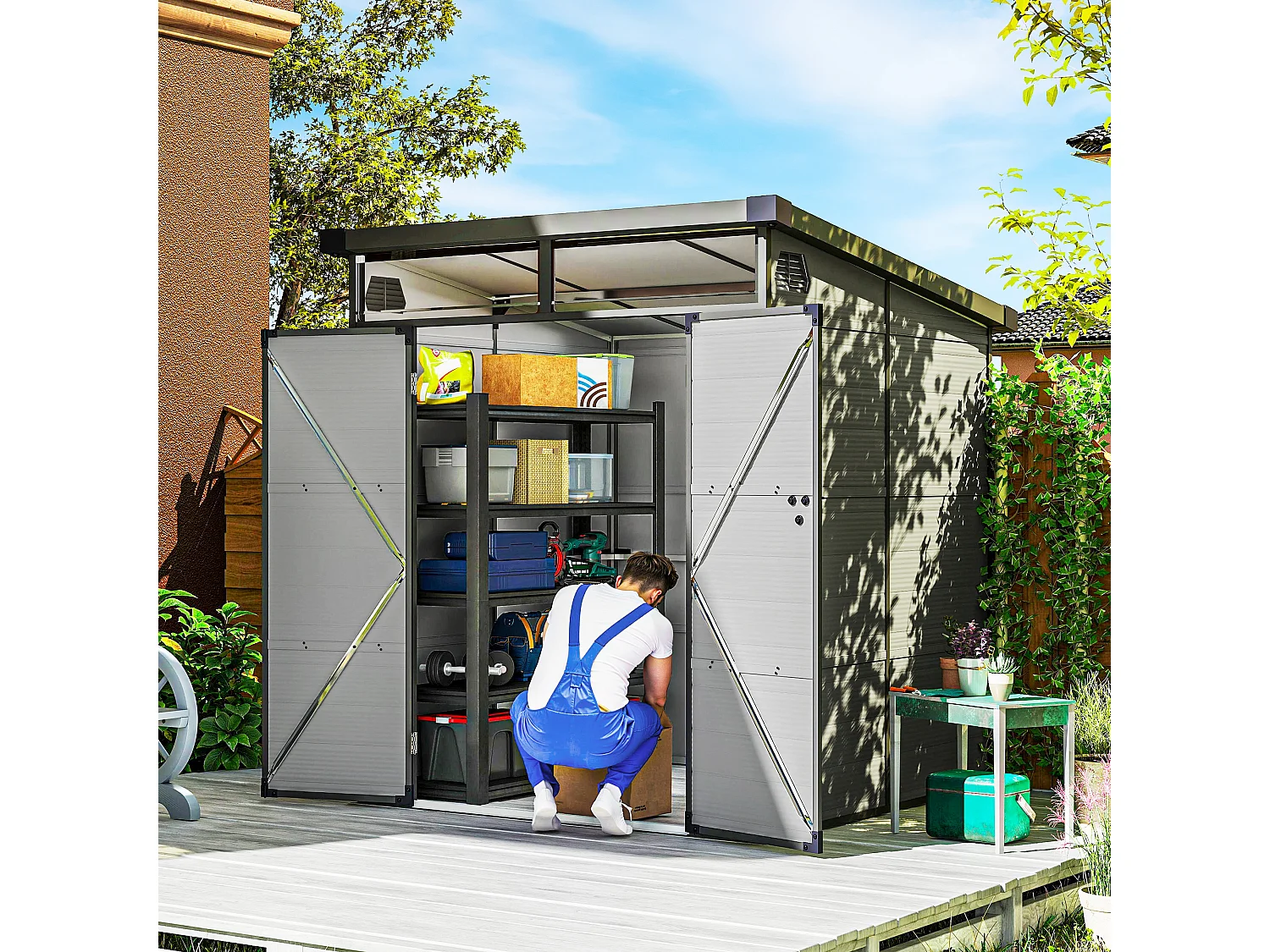 Casetta da giardino in plastica con finestre 1.9x1.9 m grigio