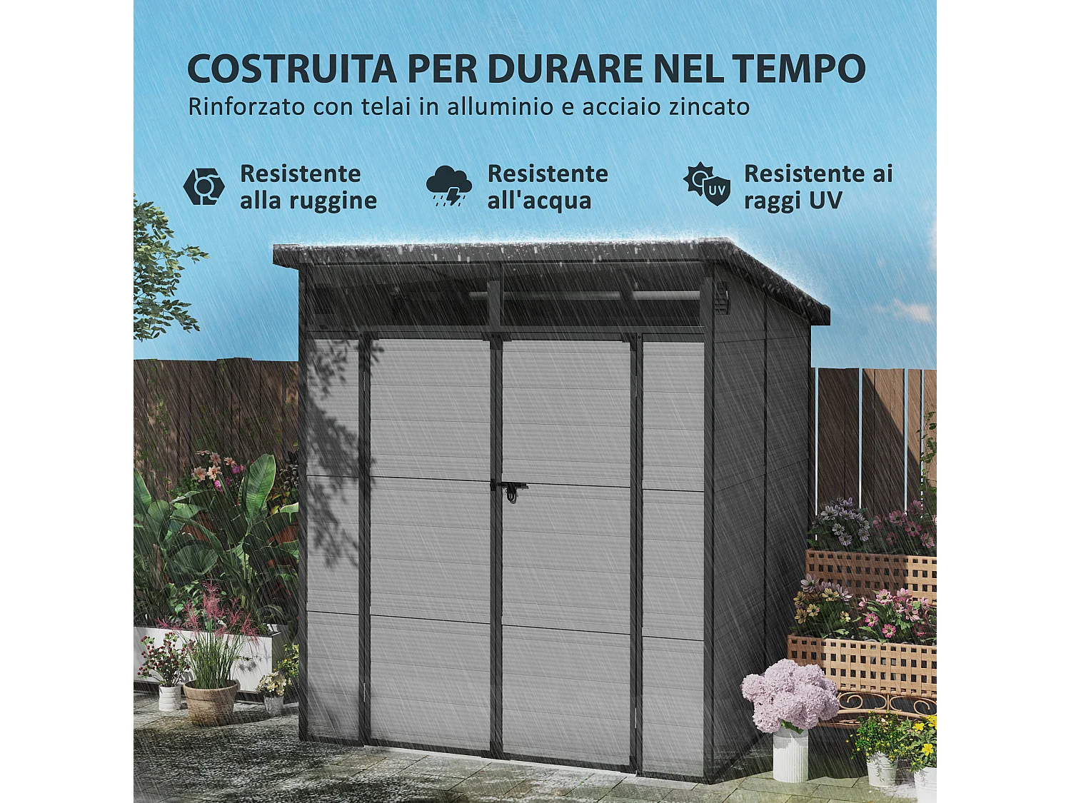 Casetta da giardino in plastica con finestre 1.9x1.9 m grigio