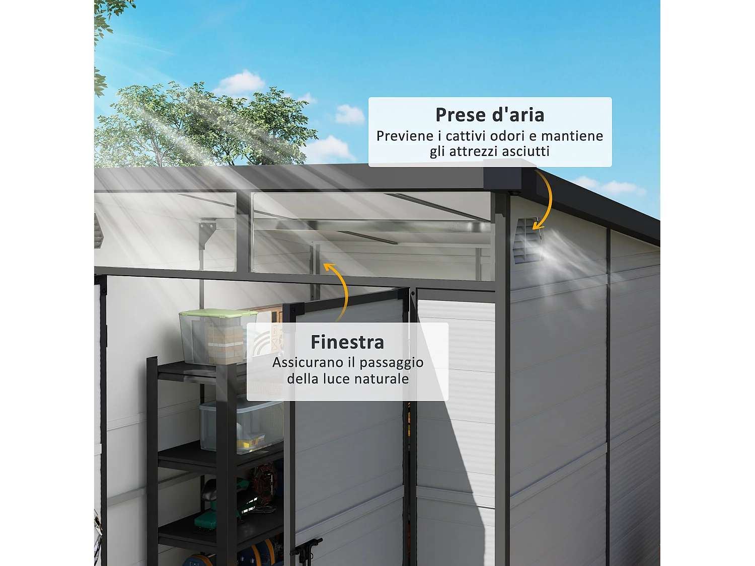 Casetta da giardino in plastica con finestre 1.9x1.9 m grigio