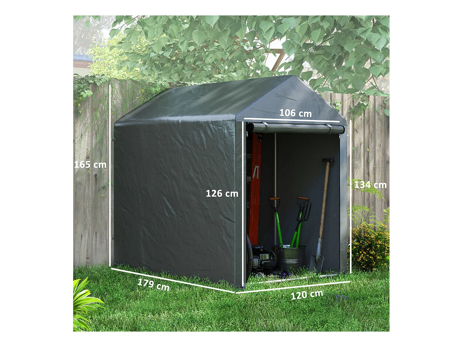 Capanno attrezzi anti uv con ingresso a zip in acciaio e pe grigio