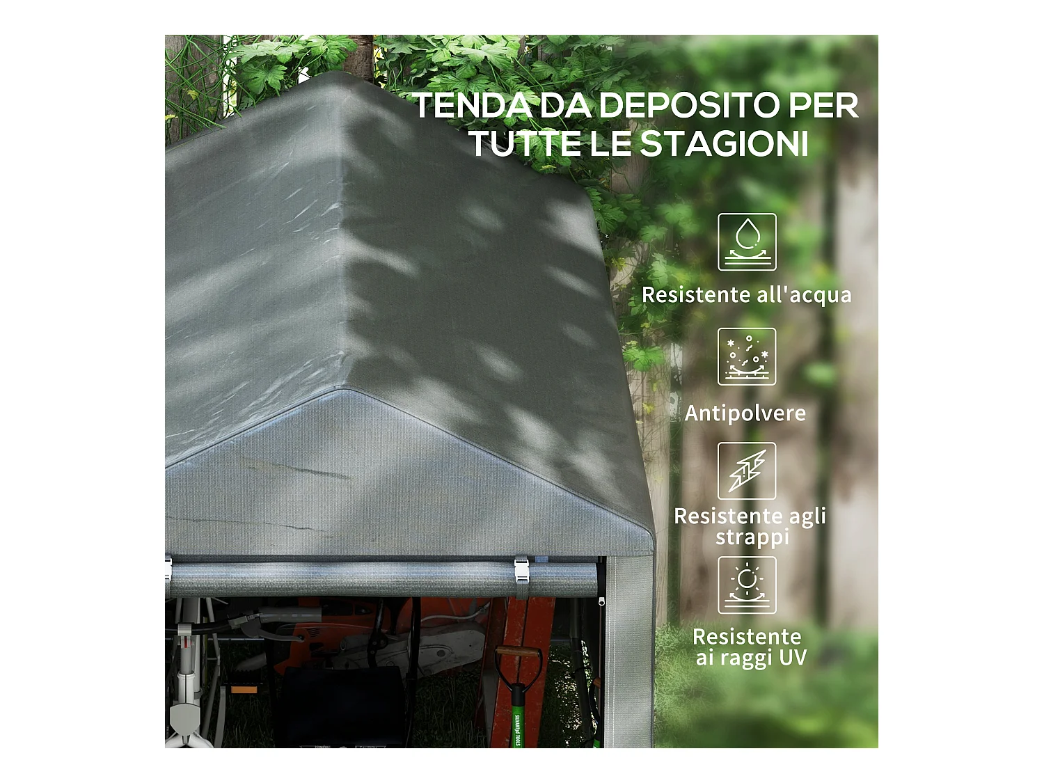 Capanno attrezzi anti uv con ingresso a zip in acciaio e pe grigio