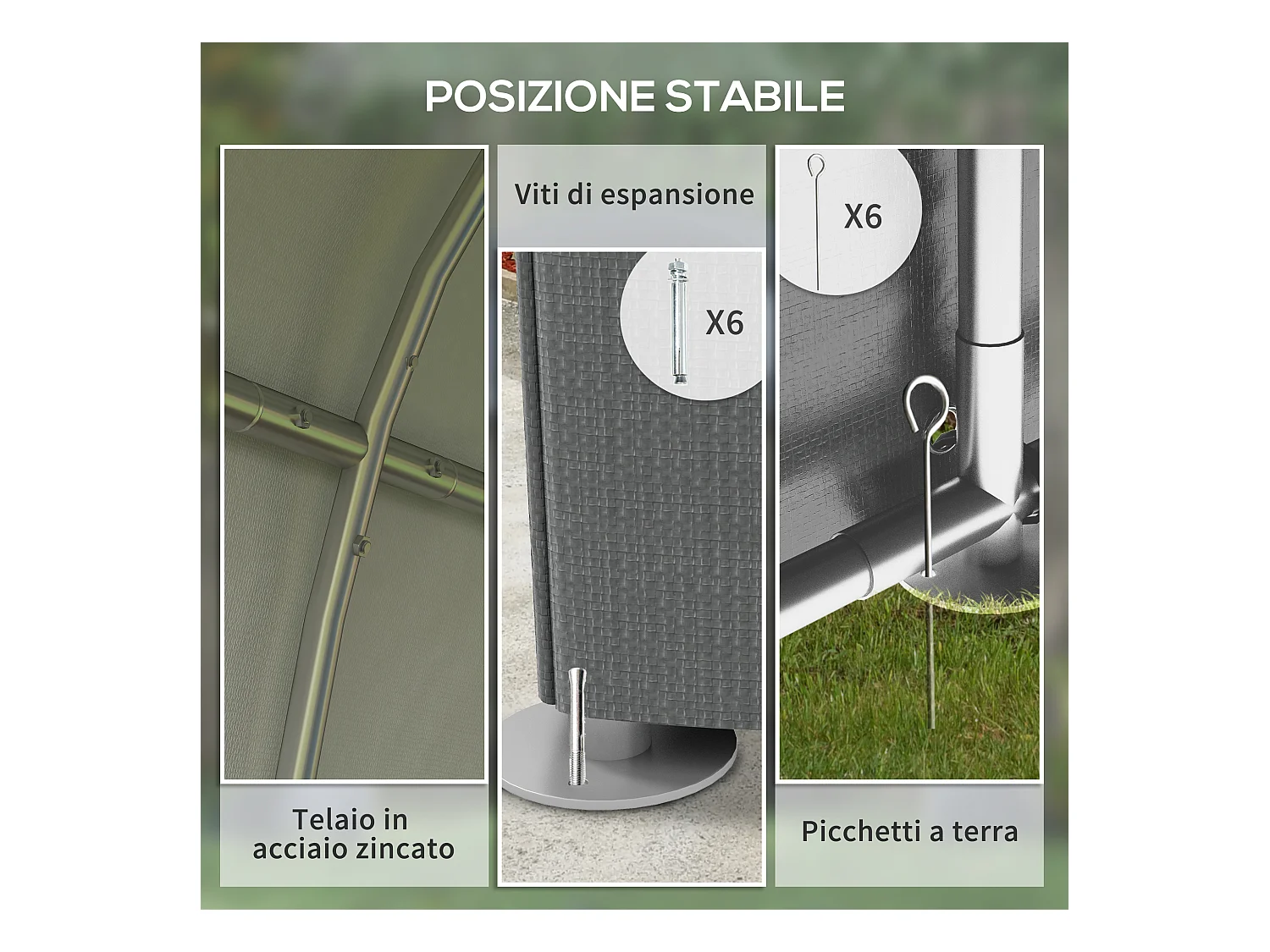 Capanno attrezzi anti uv con ingresso a zip in acciaio e pe grigio