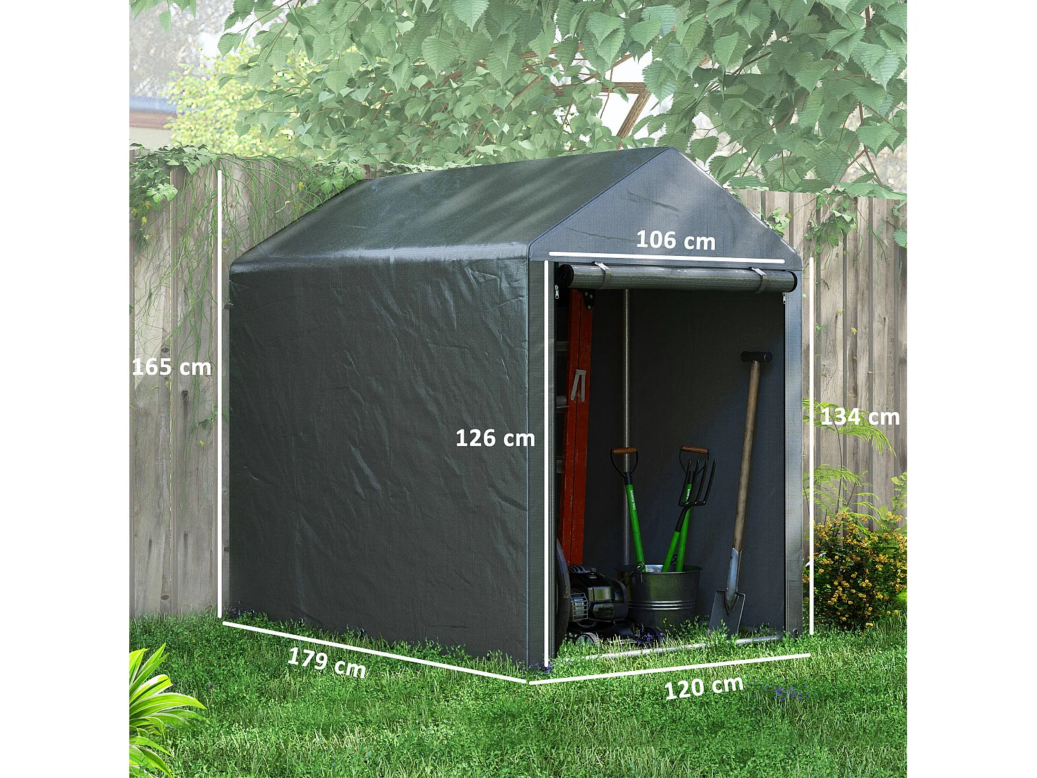 Capanno attrezzi anti uv con ingresso a zip in acciaio e pe grigio