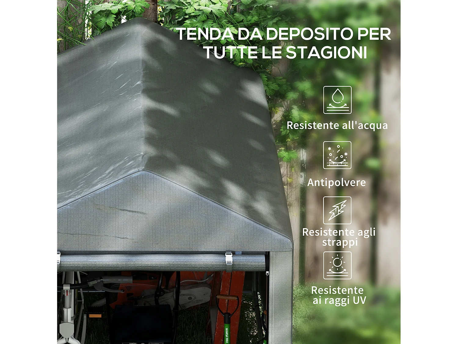 Capanno attrezzi anti uv con ingresso a zip in acciaio e pe grigio