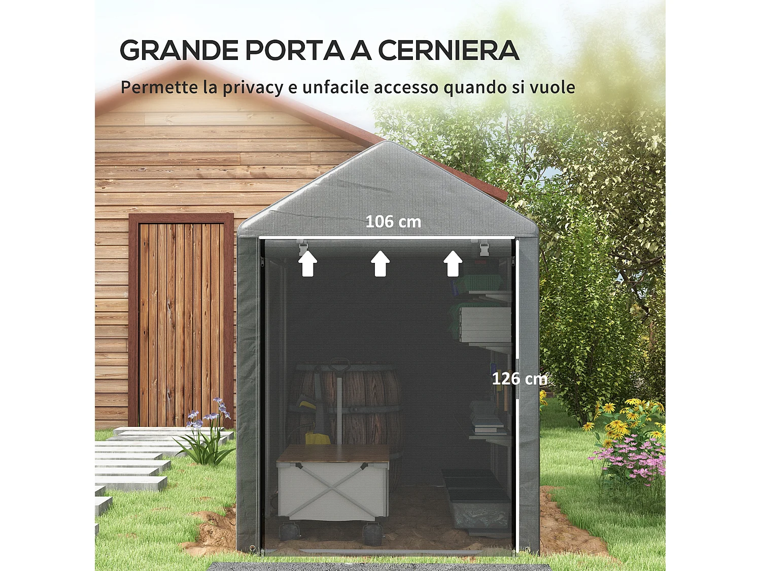 Capanno attrezzi anti uv con ingresso a zip in acciaio e pe grigio