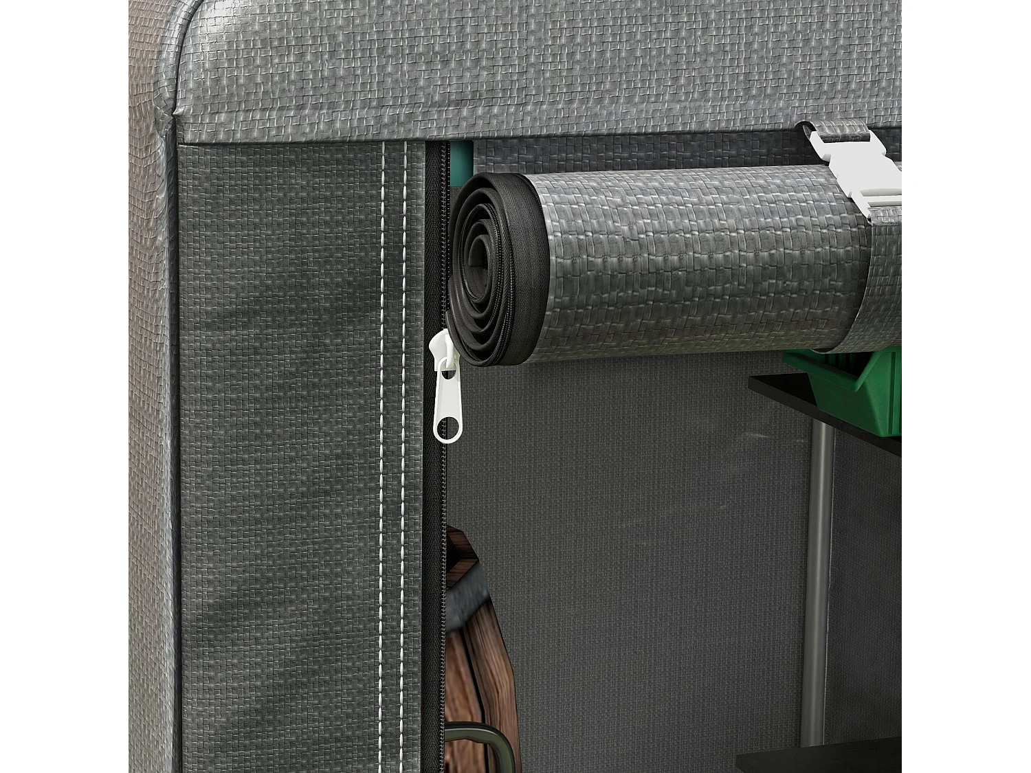 Capanno attrezzi anti uv con ingresso a zip in acciaio e pe grigio