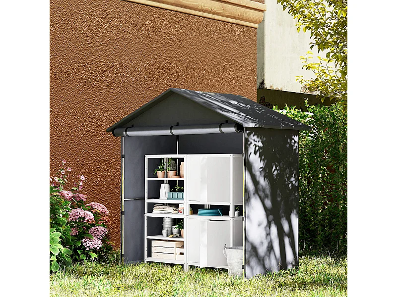 Capanno da giardino con porta avvolgibile grigio scuro