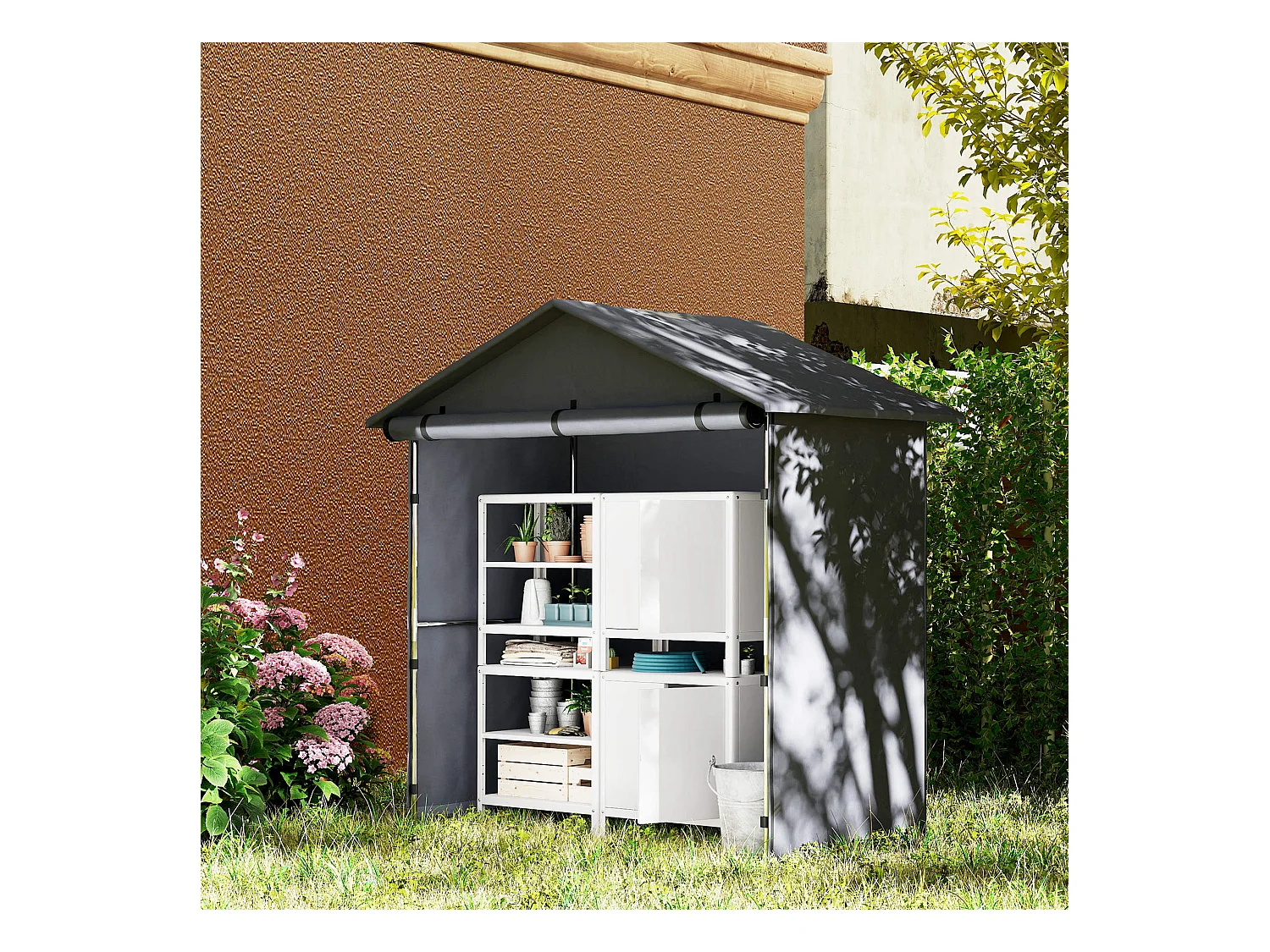 Capanno da giardino con porta avvolgibile grigio scuro