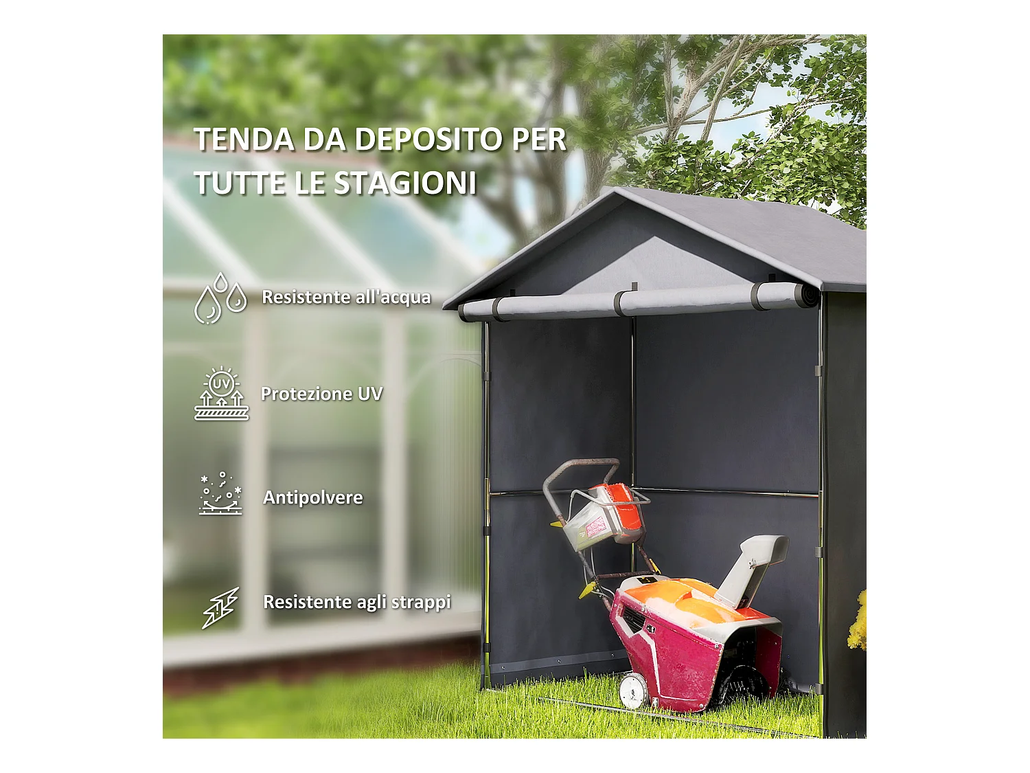 Capanno da giardino con porta avvolgibile grigio scuro