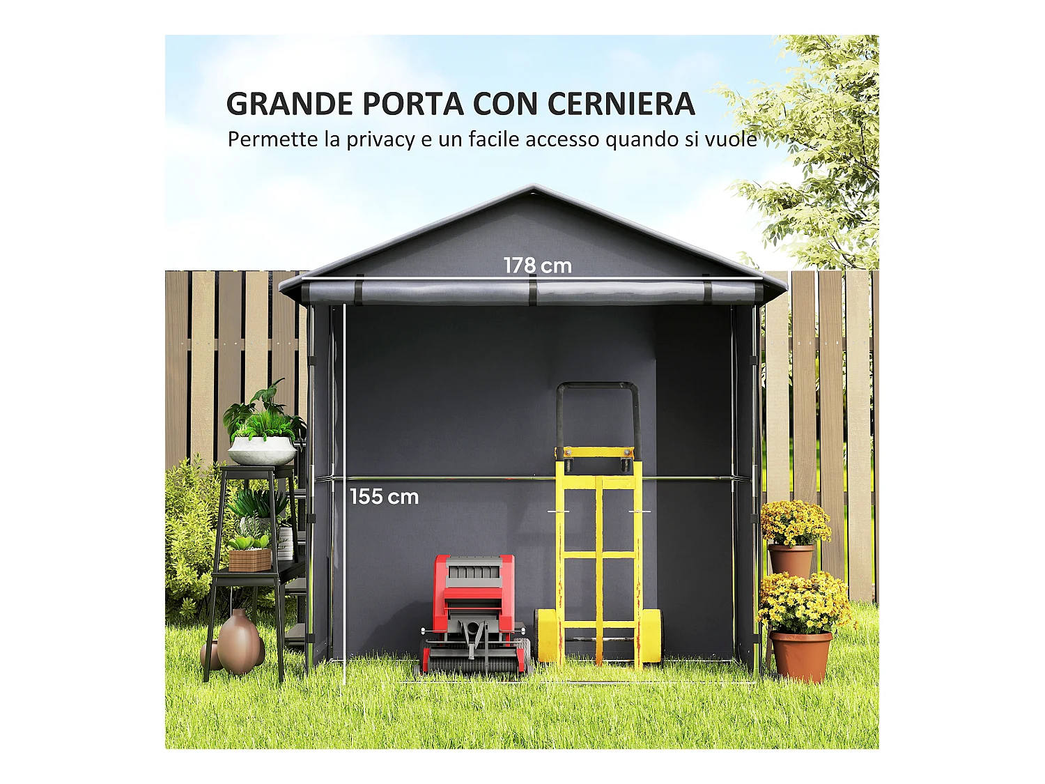 Capanno da giardino con porta avvolgibile grigio scuro