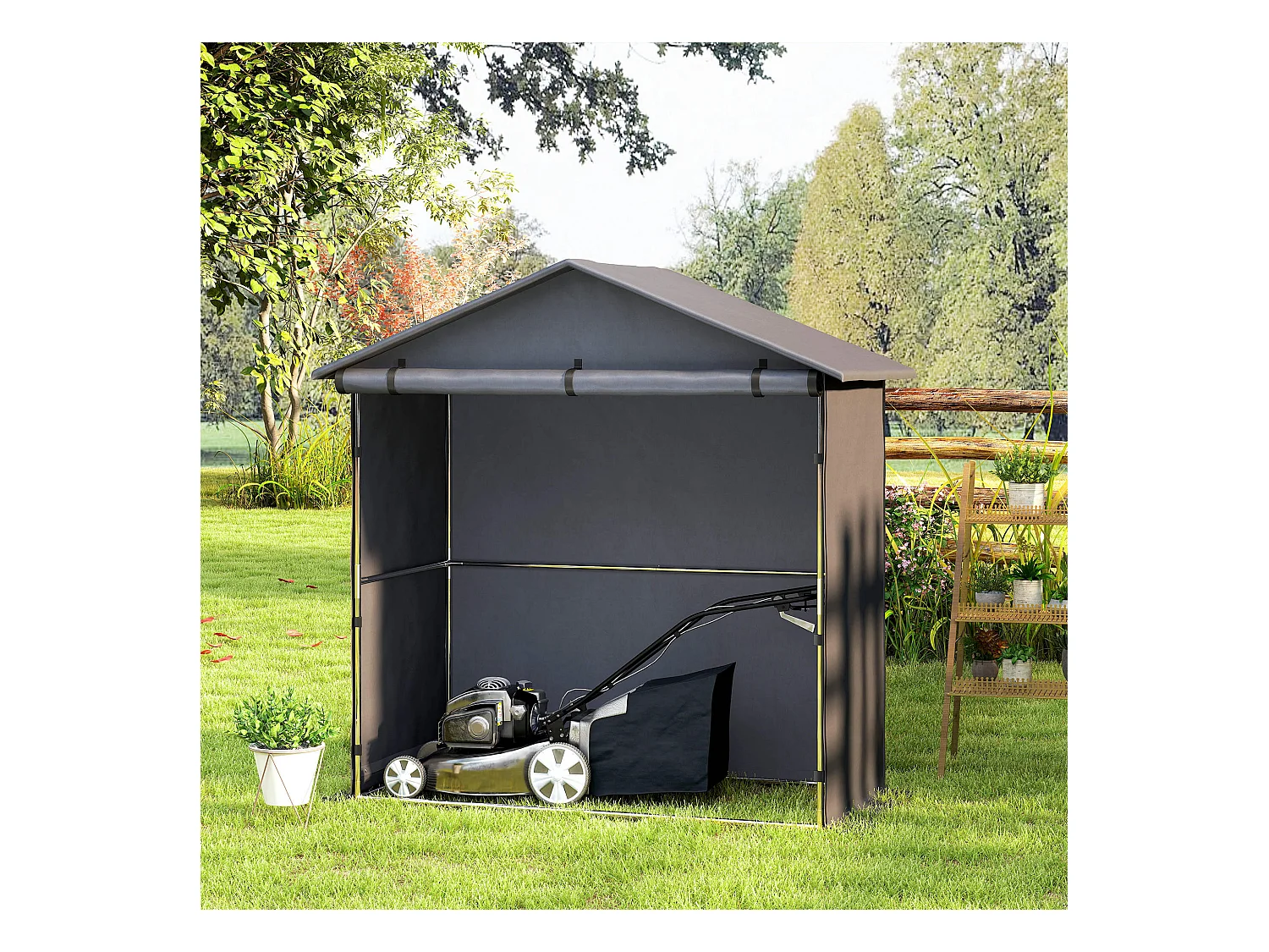 Capanno da giardino con porta avvolgibile grigio scuro