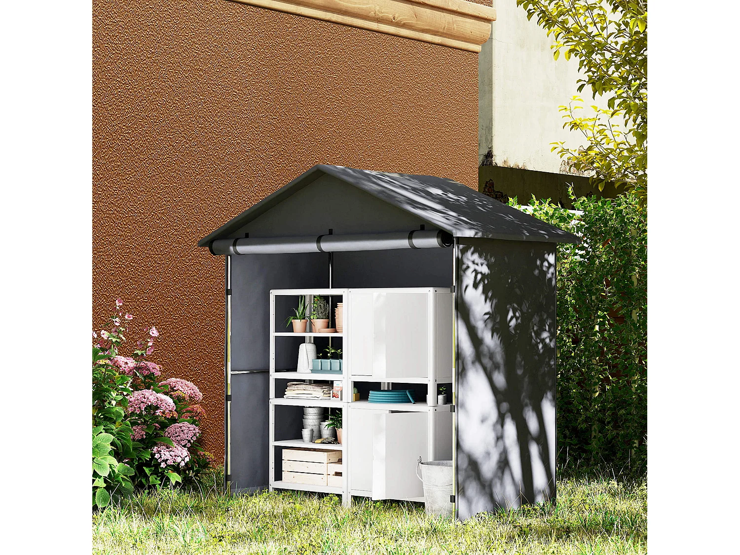 Capanno da giardino con porta avvolgibile grigio scuro