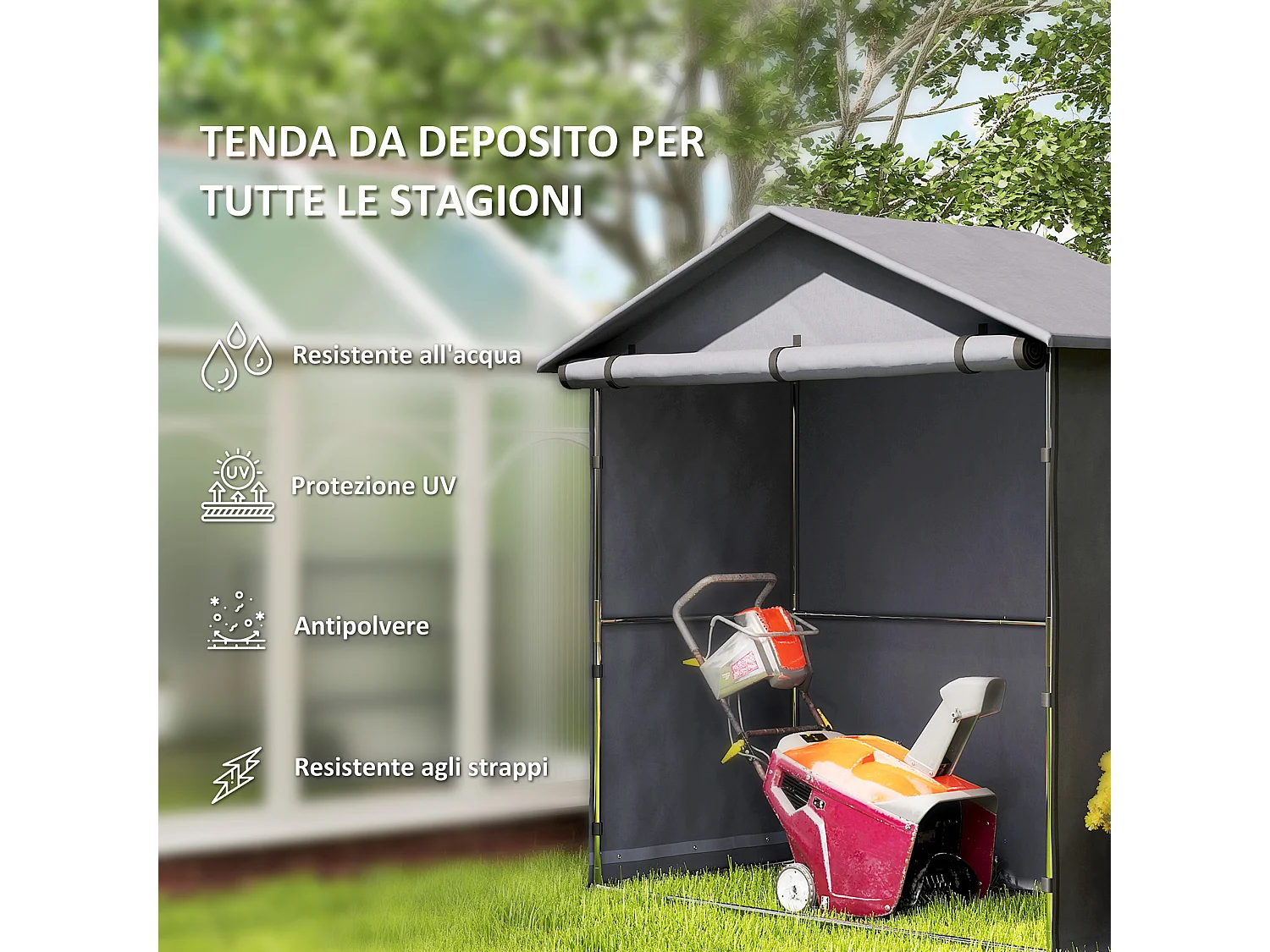 Capanno da giardino con porta avvolgibile grigio scuro