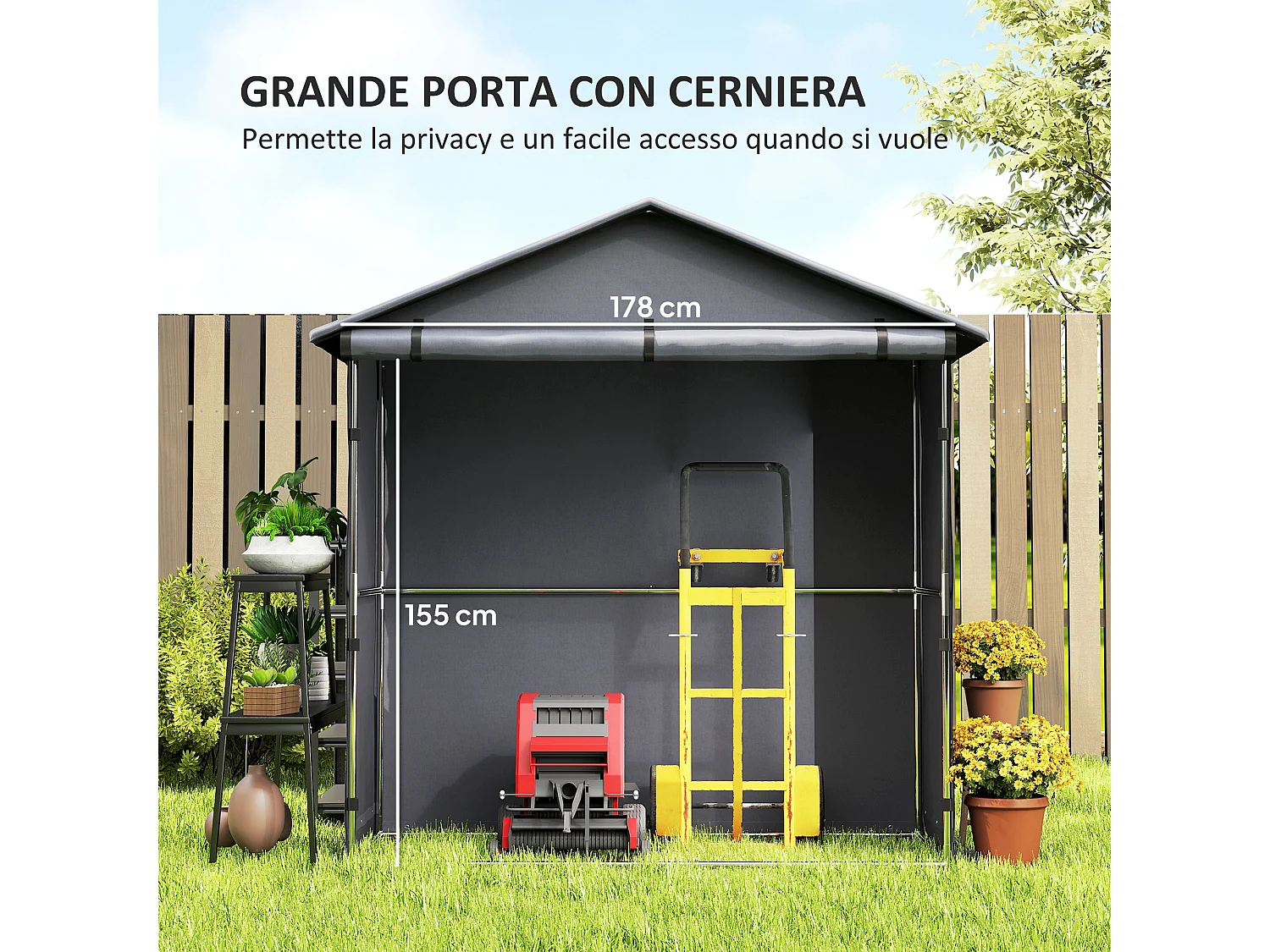 Capanno da giardino con porta avvolgibile grigio scuro
