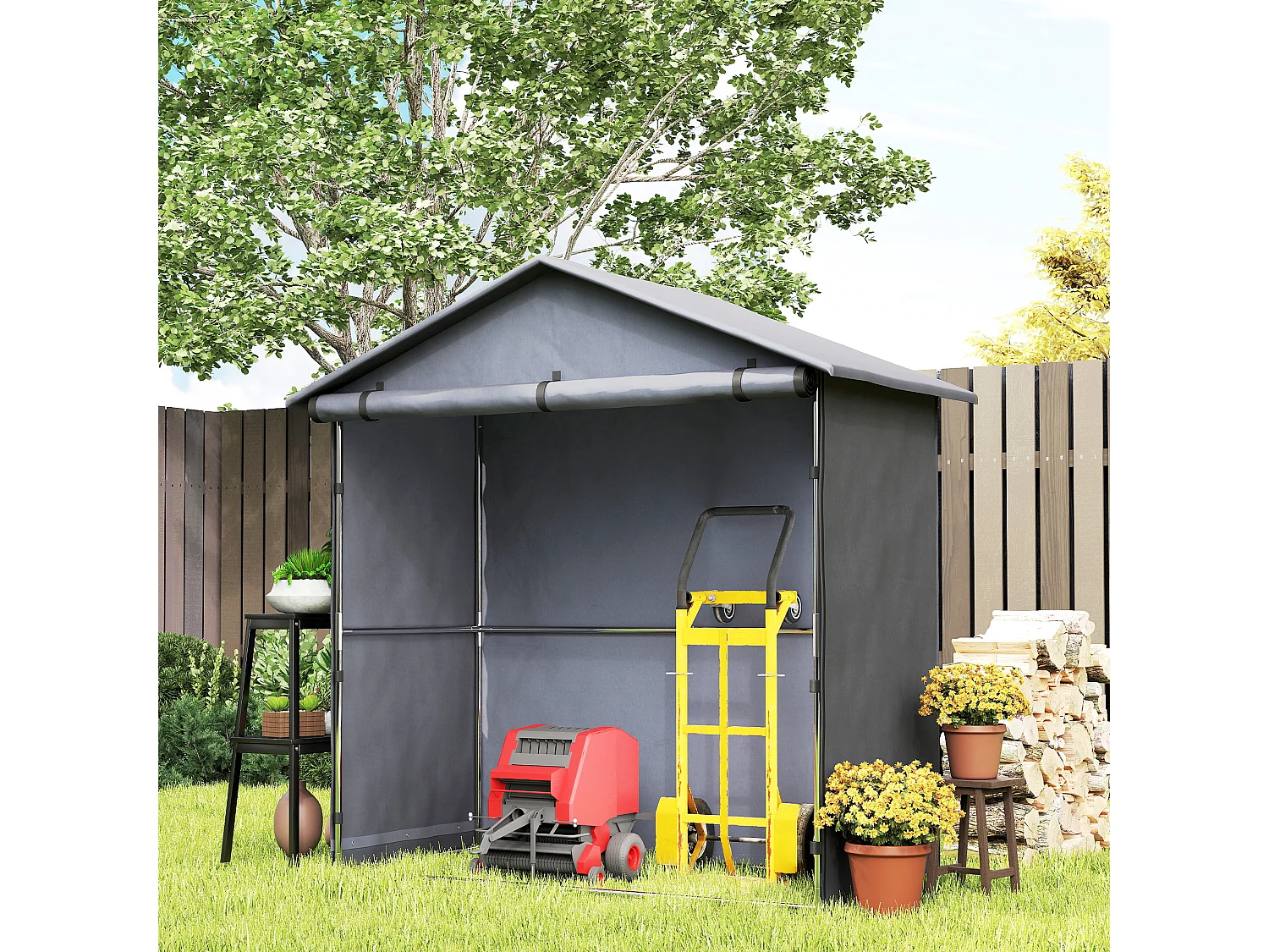 Capanno da giardino con porta avvolgibile grigio scuro