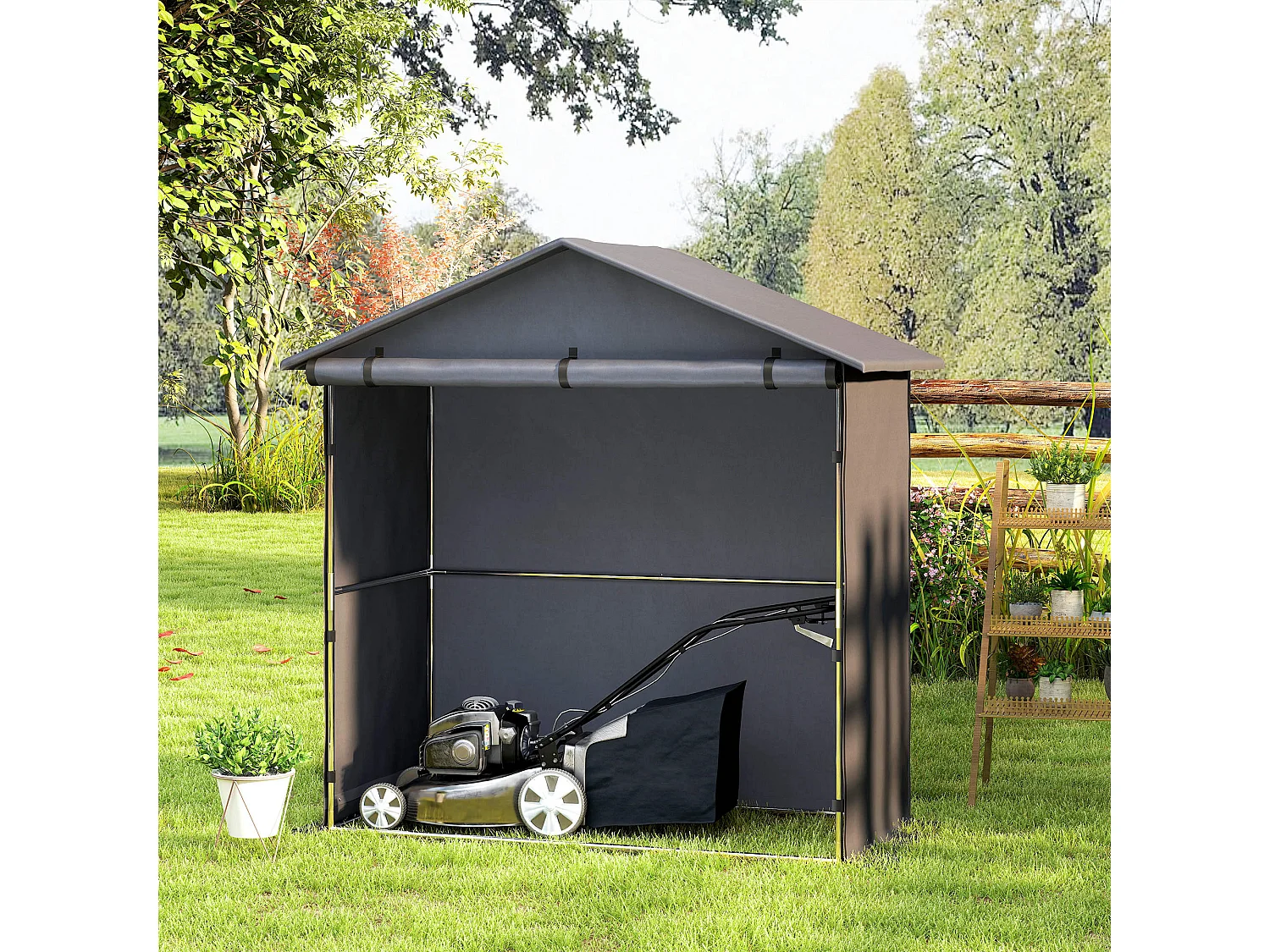 Capanno da giardino con porta avvolgibile grigio scuro