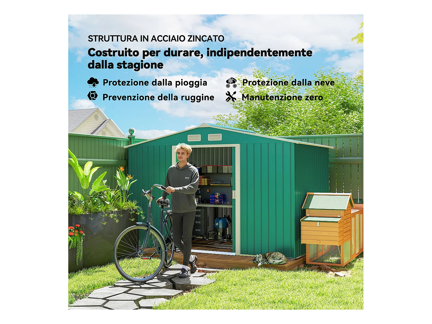 Capanno attrezzi in acciaio con porte scorrevoli 277x195x192 cm verde