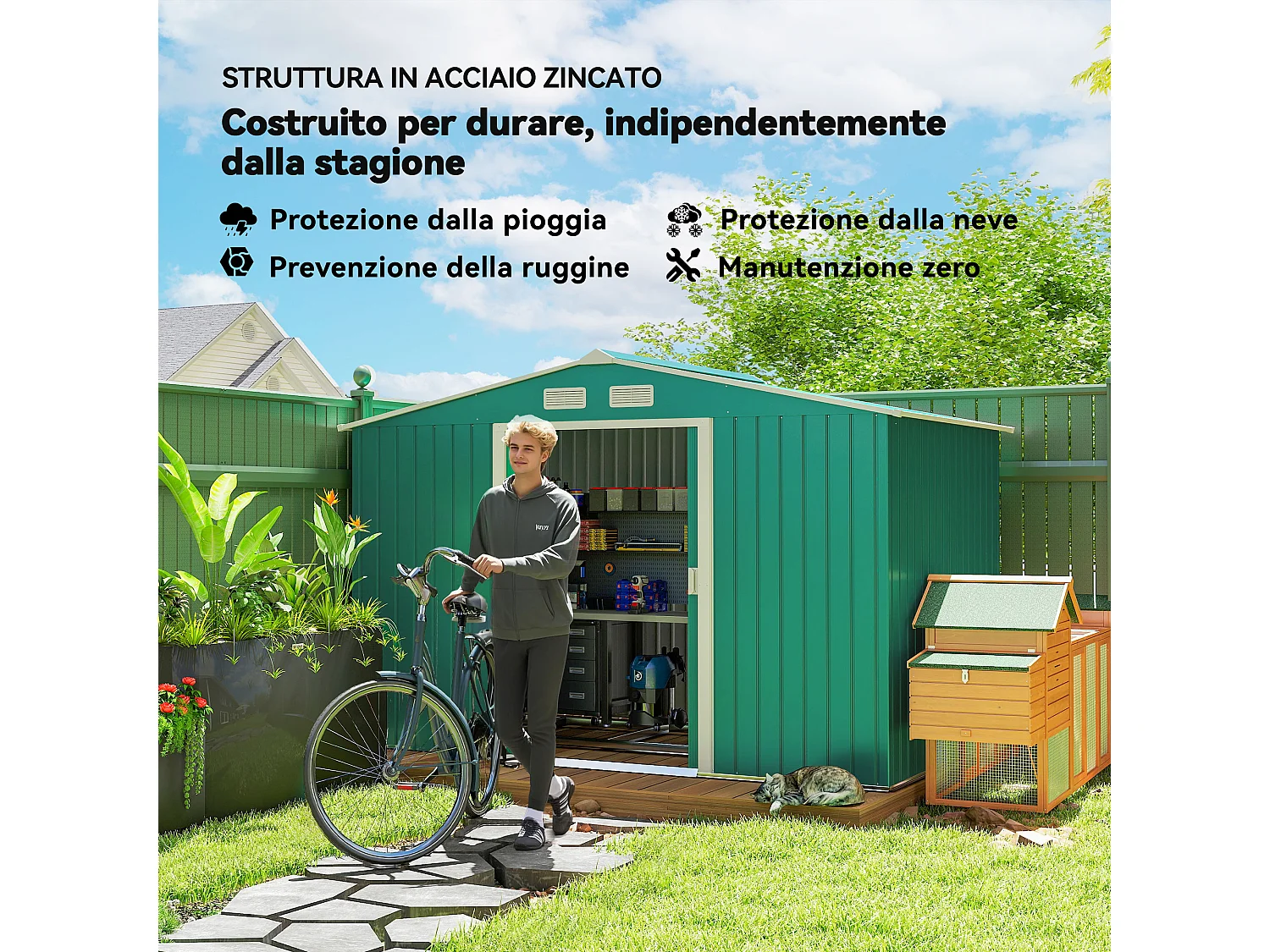 Capanno attrezzi in acciaio con porte scorrevoli 277x195x192 cm verde