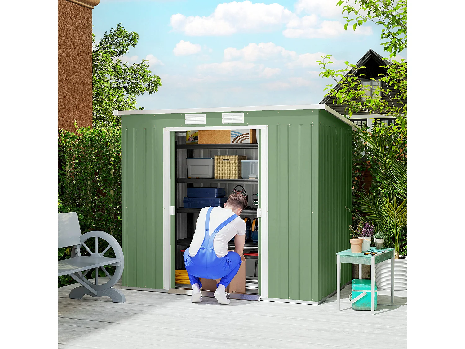 Casetta da giardino in acciaio con prese d'aria doppia porta