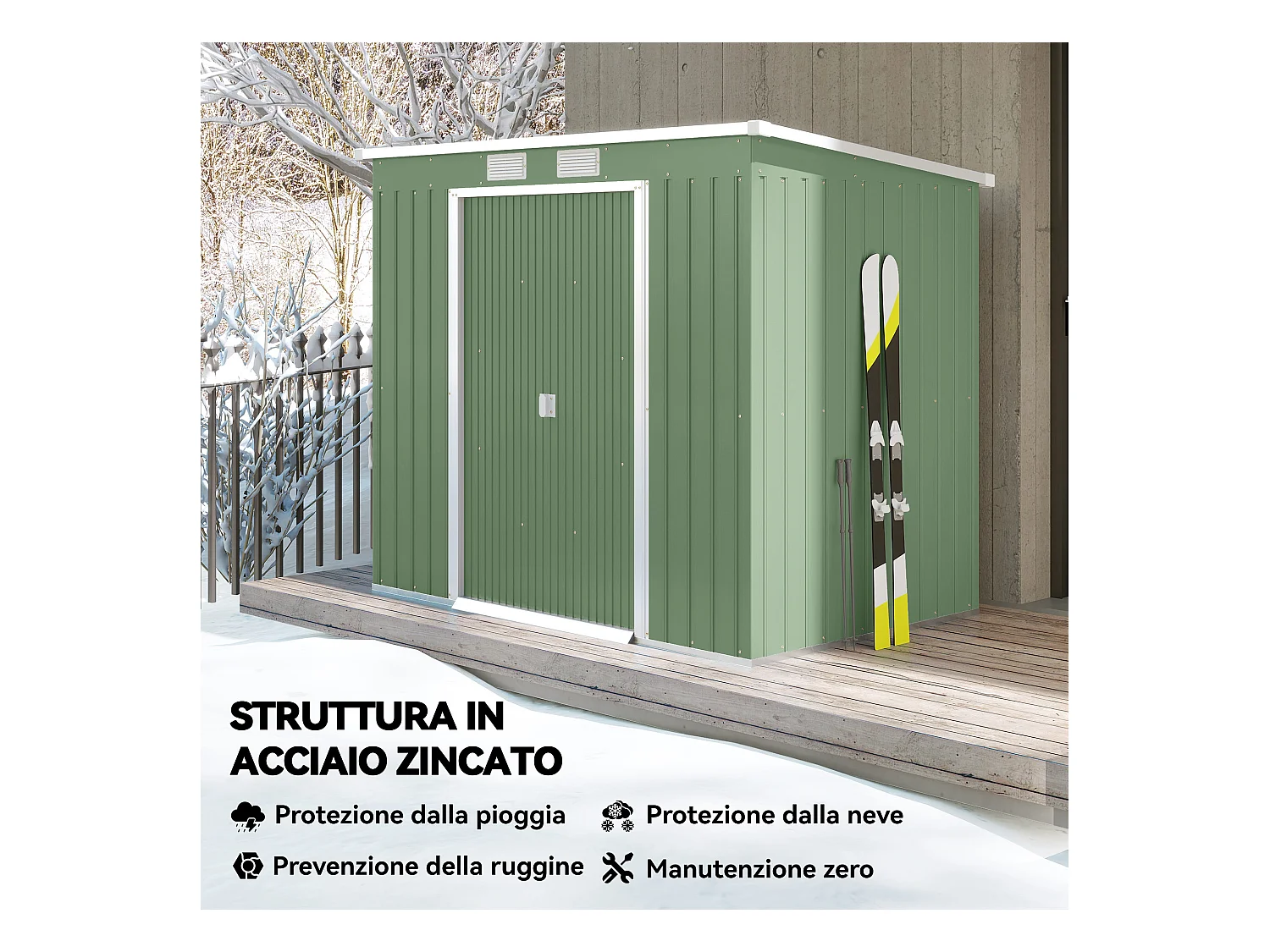 Casetta da giardino in acciaio con prese d'aria doppia porta