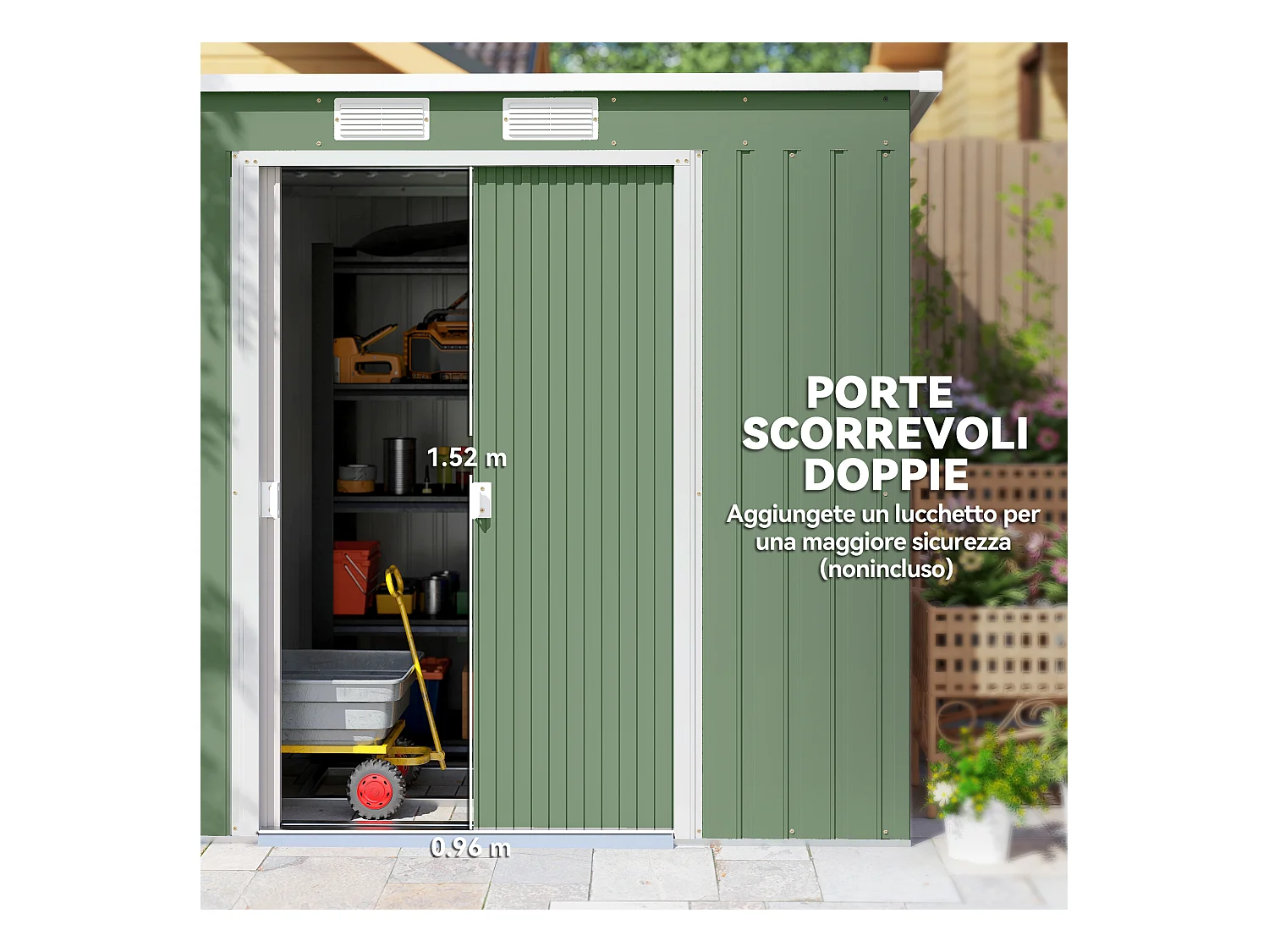 Casetta da giardino in acciaio con prese d'aria doppia porta