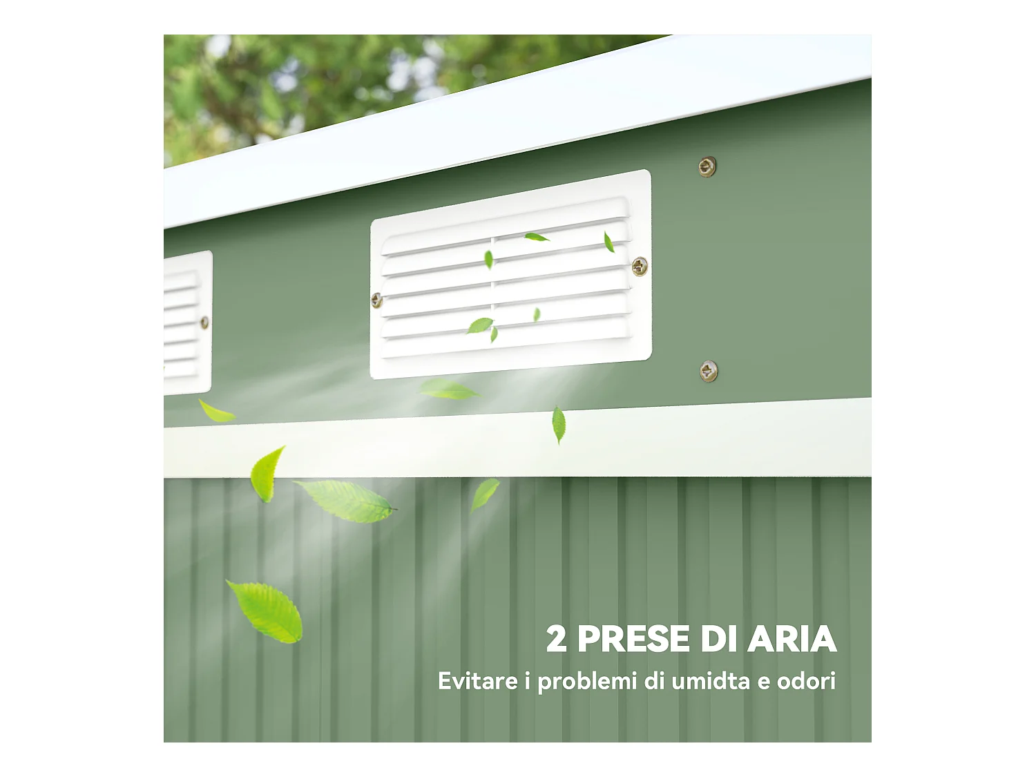 Casetta da giardino in acciaio con prese d'aria doppia porta