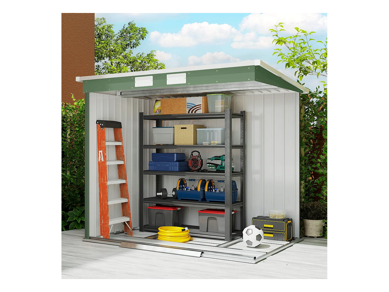 Casetta da giardino in acciaio con prese d'aria doppia porta