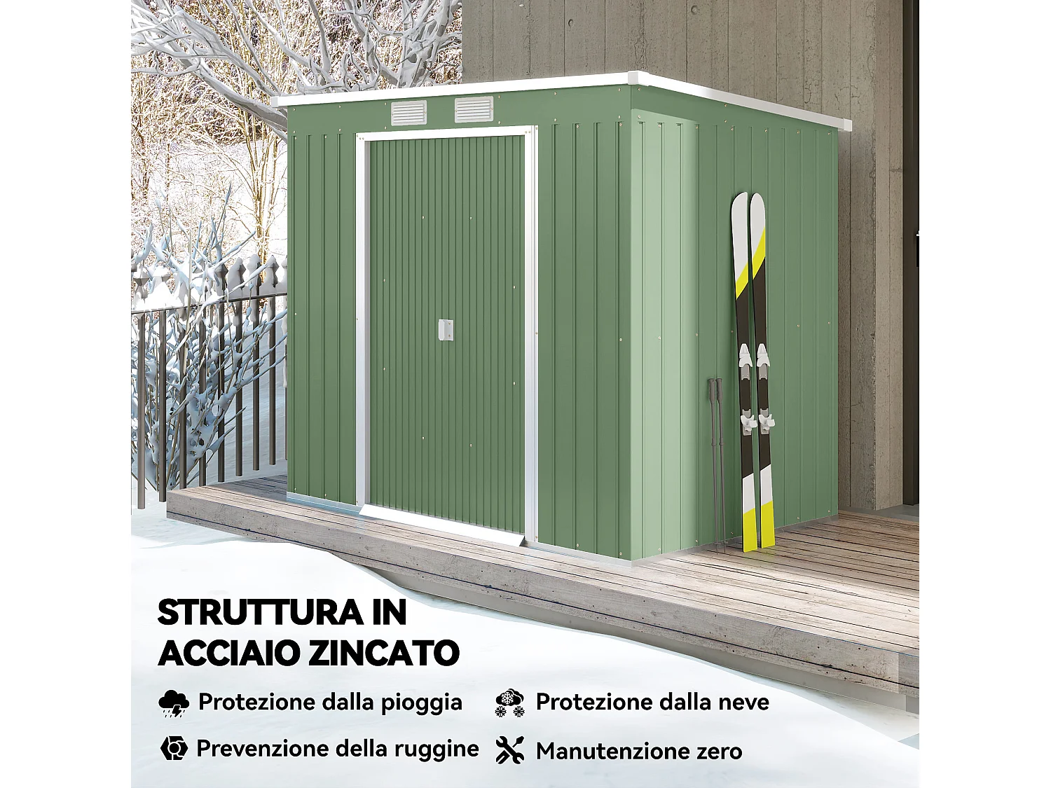 Casetta da giardino in acciaio con prese d'aria doppia porta