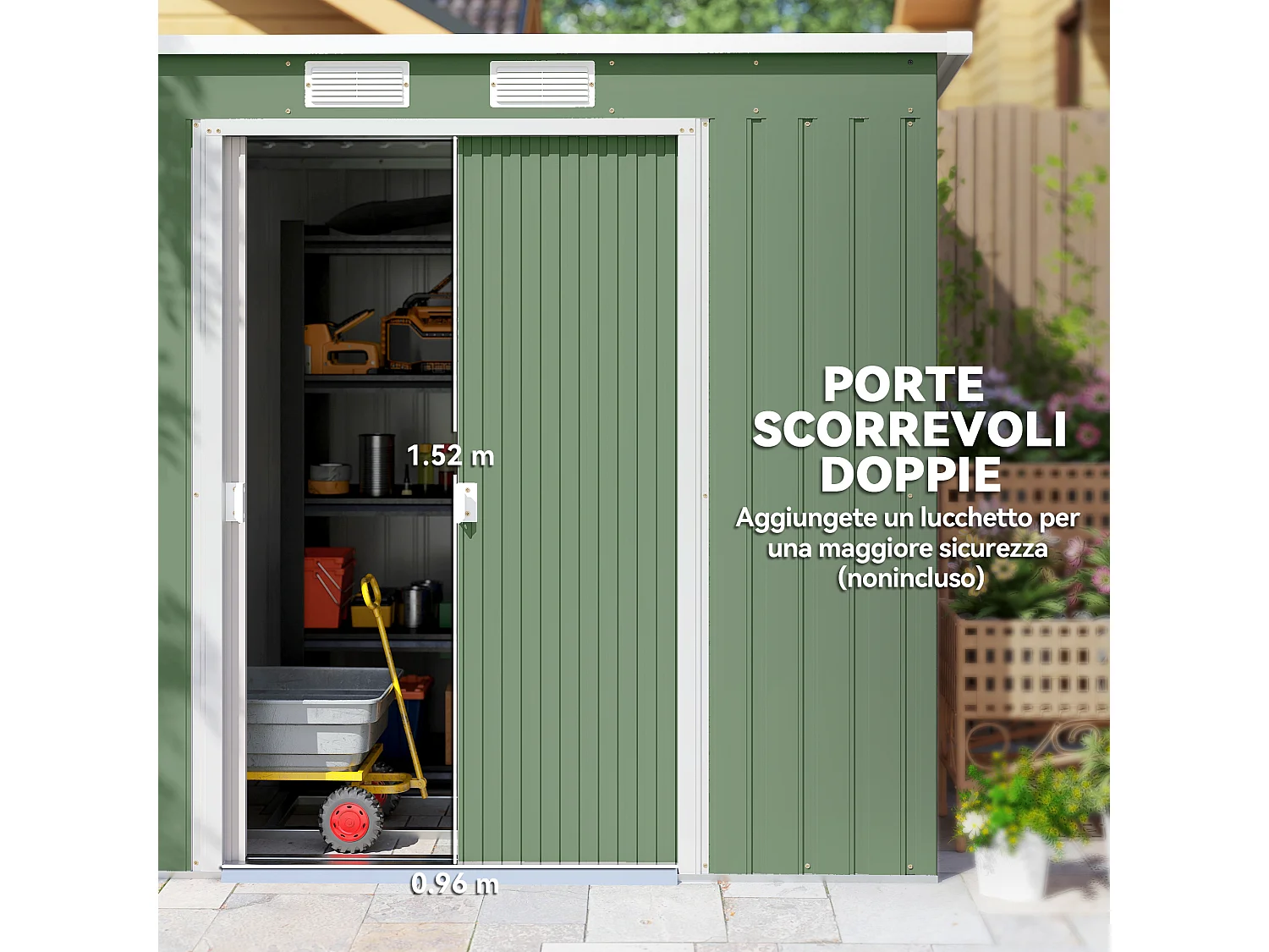 Casetta da giardino in acciaio con prese d'aria doppia porta