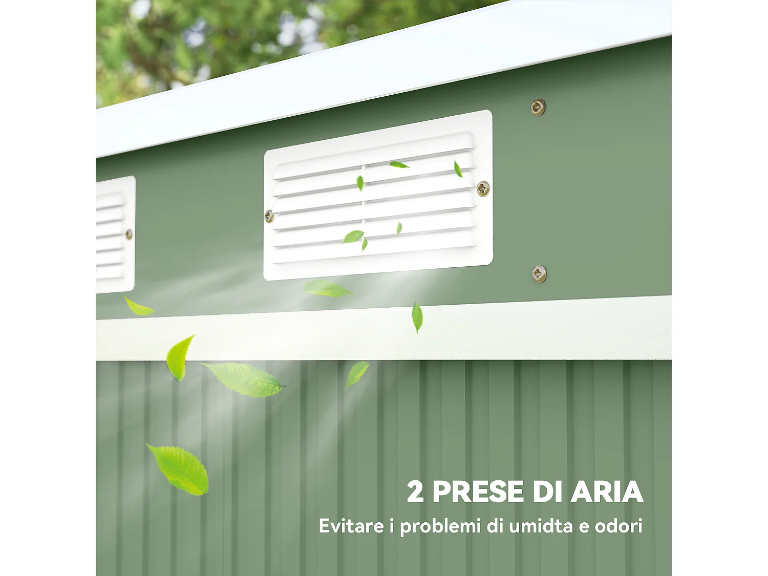 Casetta da giardino in acciaio con prese d'aria doppia porta