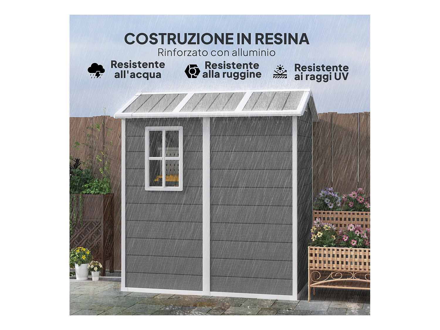 Casetta da giardino con pavimento 1.3 x 1.8 m in resina grigio