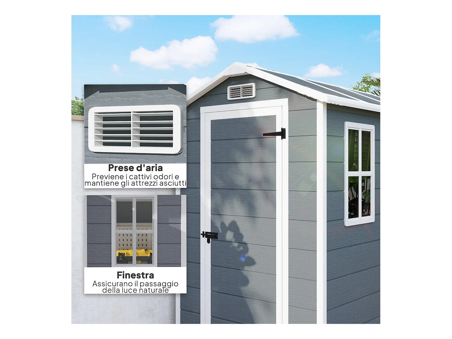 Casetta da giardino con pavimento 1.3 x 1.8 m in resina grigio