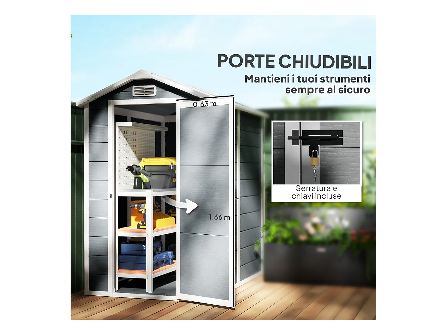 Casetta da giardino con pavimento 1.3 x 1.8 m in resina grigio