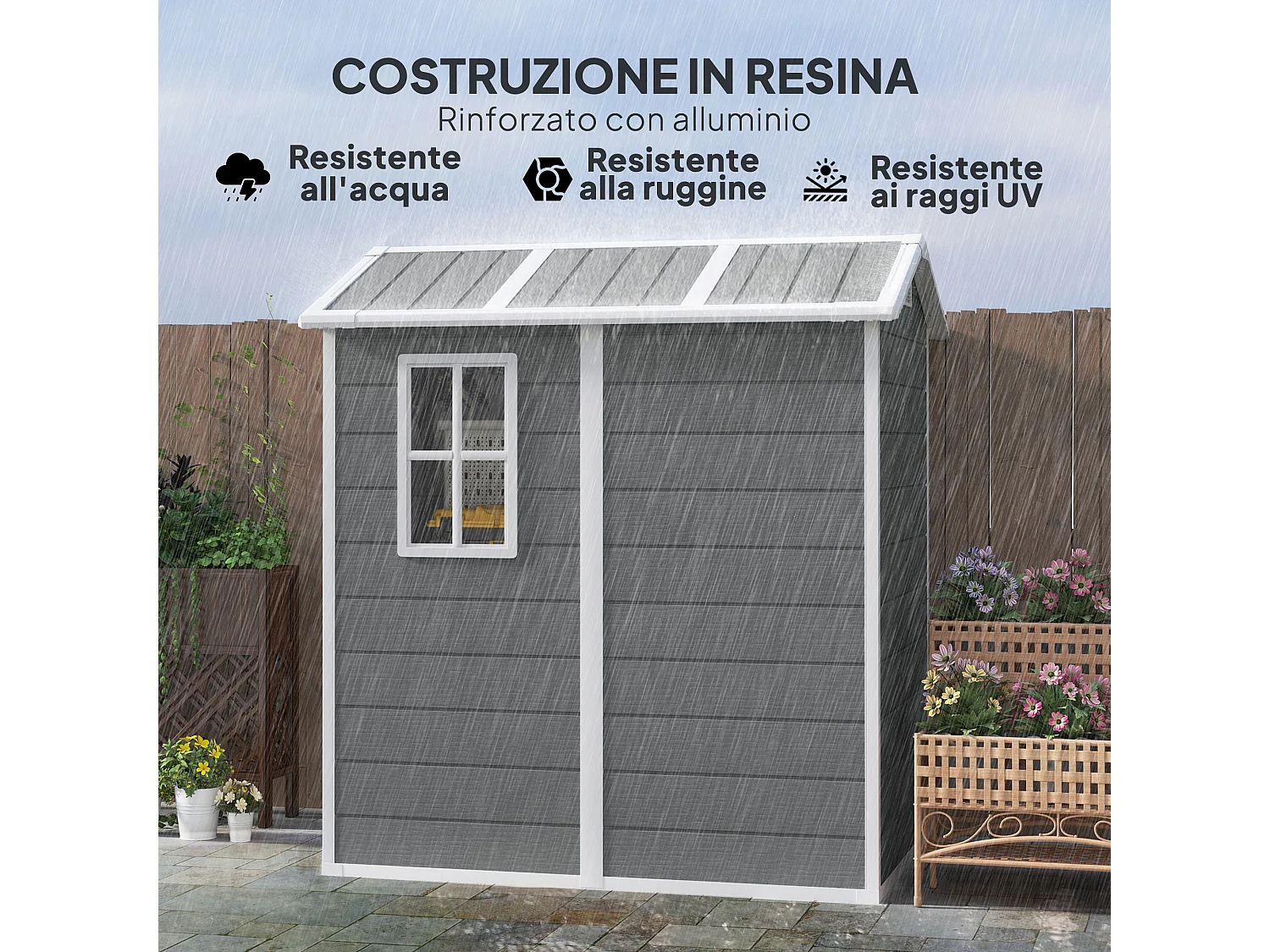 Casetta da giardino con pavimento 1.3 x 1.8 m in resina grigio