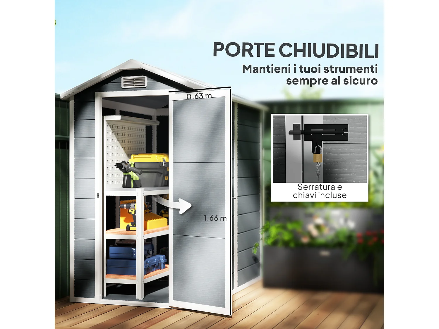 Casetta da giardino con pavimento 1.3 x 1.8 m in resina grigio