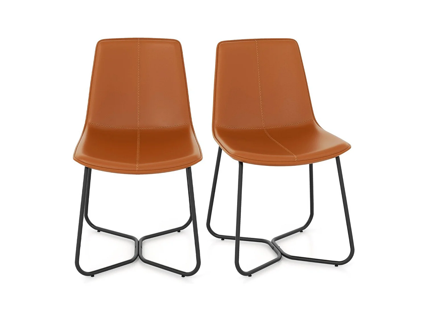 Set di 2 sedie da pranzo cuciture vintage, Sedie da cucina in pelle artificiale con gambe in metallo Marrone