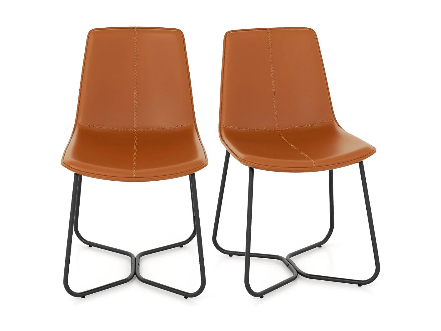 Set di 2 sedie da pranzo cuciture vintage, Sedie da cucina in pelle artificiale con gambe in metallo Marrone