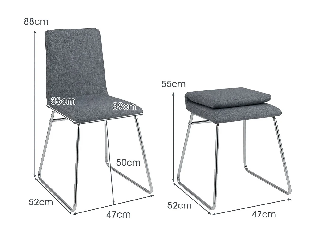Lot de 2 Chaises de Salle à Manger Modernes avec Dossier Pliable et Cadre en Métal Siège Large Rembourré Capacité 150Kg Sans Accoudoirs Gris
